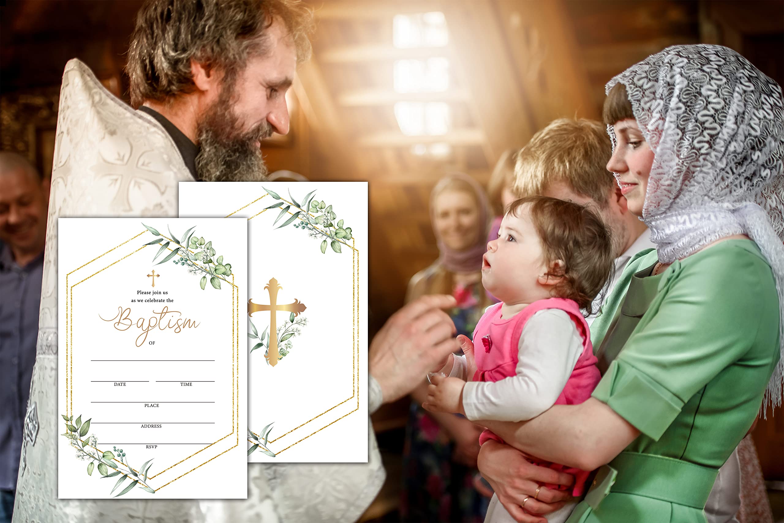 Elegant Watercolor Greenery Floral Baptism Invitation Cards with Envelopes - Set of 25 for Christening, Baby Dedication & Religious Celebrations - Perfect for Church Events, Baby Showers & Family Gatherings (A03)