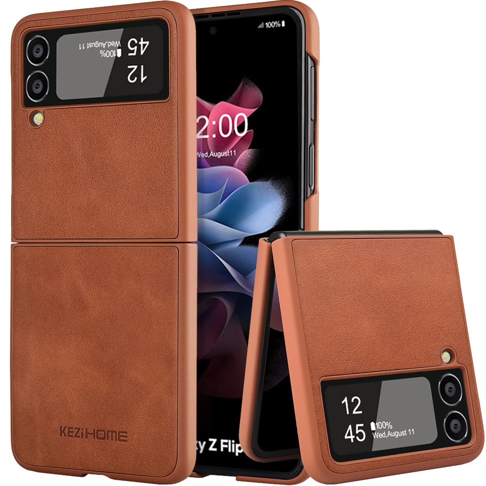 KEZiHOME Genuine Leather Samsung Galaxy Z Flip 3 Case - Ultra Thin Slim Protective Cover for Samsung Z Flip 3 5G (2021) | Durable Minimalist Design | Perfect for Work, Travel & Everyday Use (Tan Cloudy)