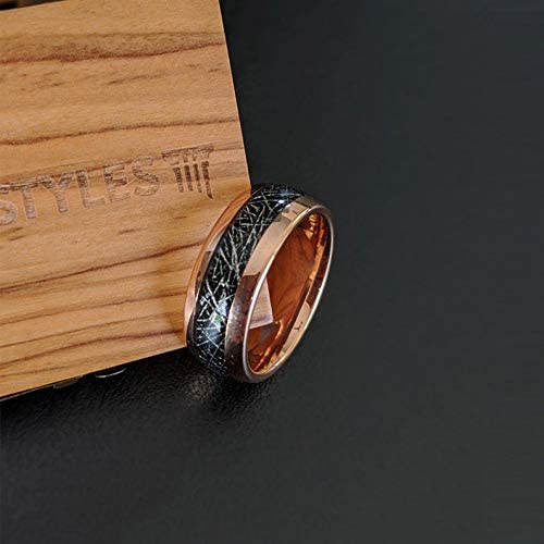 18K Rose Gold Black Meteorite Tungsten Ring for Men - 8mm Durable Wedding Band, Engagement Gift for Him & Her - Perfect for Anniversaries, Proposals & Special Occasions