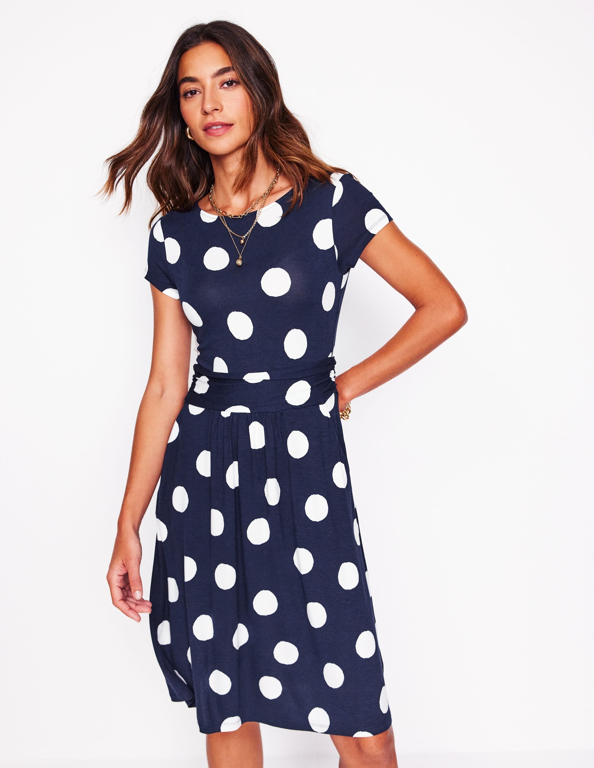 Amelie Jersey Dress French Navy - Abstract Dot Print Women's Casual Dress for Summer, Beach, and Travel
