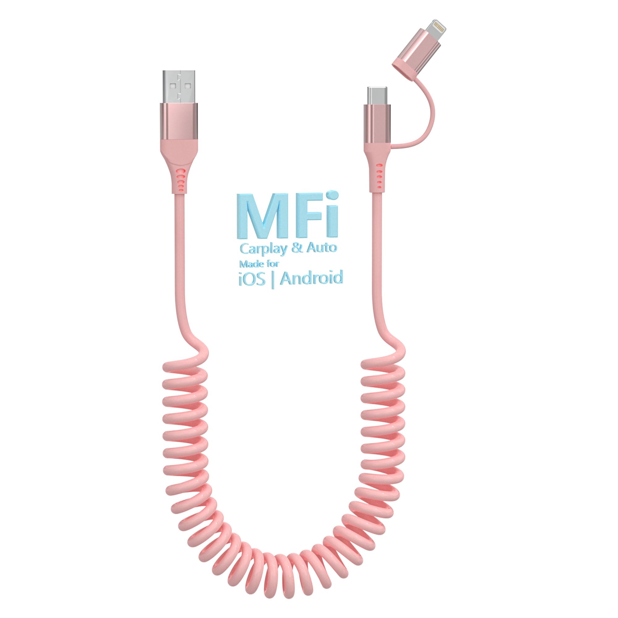 MFi Certified 3-in-1 USB to USB-C/Lightning Coiled Cable - 3A Fast Charging & Data Sync for iPhone 16/15/14/13/12, Android Auto & Apple CarPlay - Short Pink Charging Cable for Car, Home & Office Use