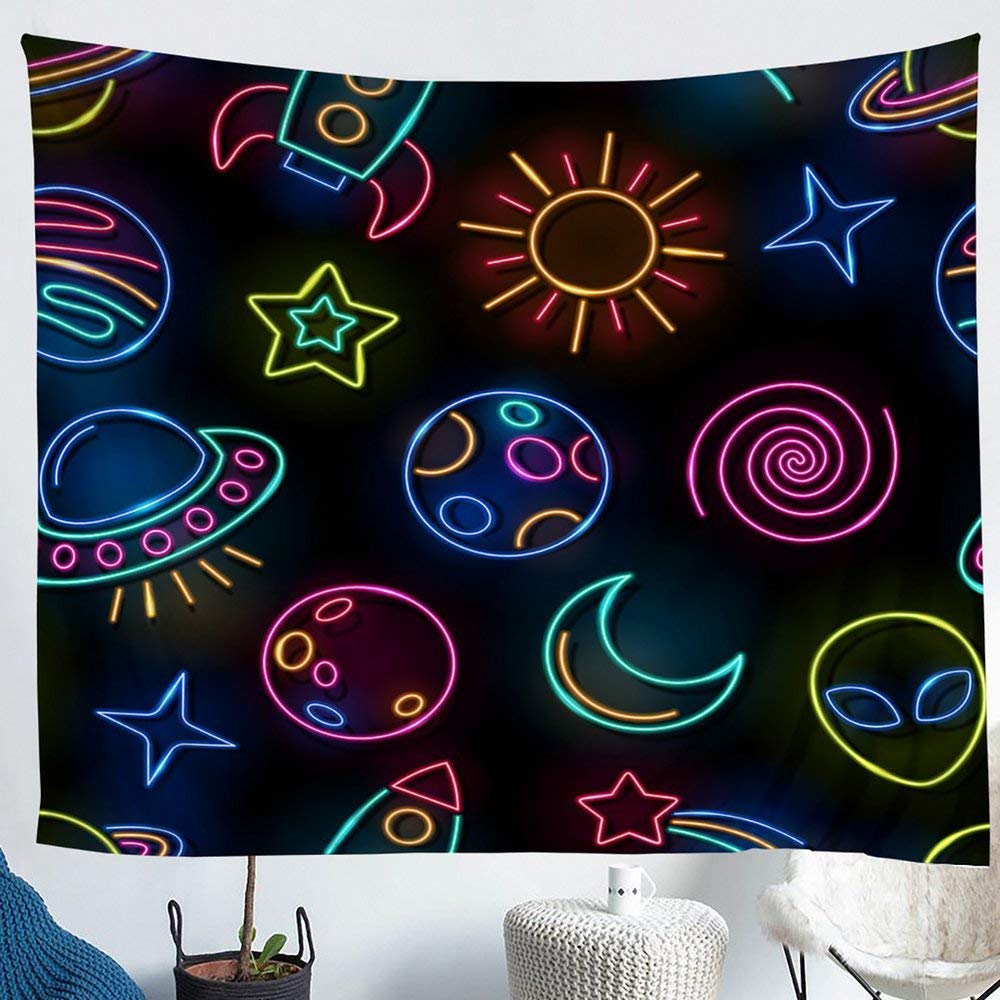 Homewish Colorful Space Themed Tapestry - Neon Rocket Planets Alien Ship Sun Moon Stars Wall Hanging Blanket, Soft Polyester Wall Art Decor (51.2 x 59.1 Inches) - Perfect for Bedroom, Dorm Room, or Festival Decor