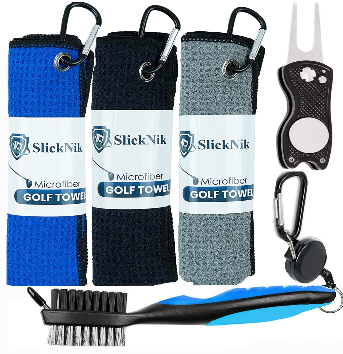 Premium Golf Towel Set - 3 Pack Microfiber Waffle Weave Towels with Club Brush, Groove Cleaner & Divot Tool | Durable & Absorbent for Golf Course, Driving Range & Practice Sessions