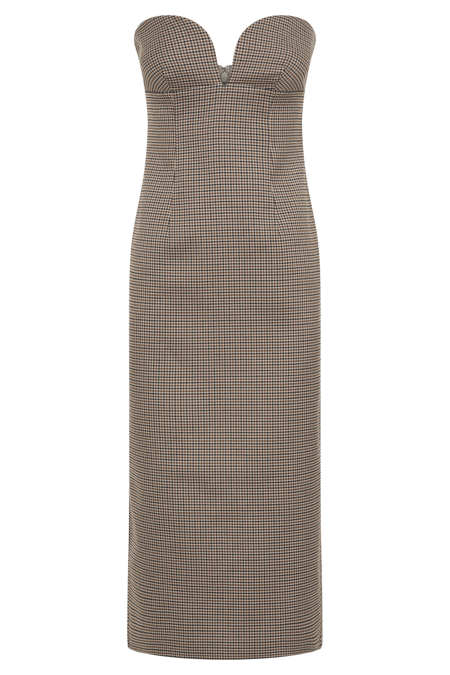 Christie Strapless Midi Dress in Tan Check - Elegant Summer Party Dress for Weddings, Cocktail Events & Vacation Outfits