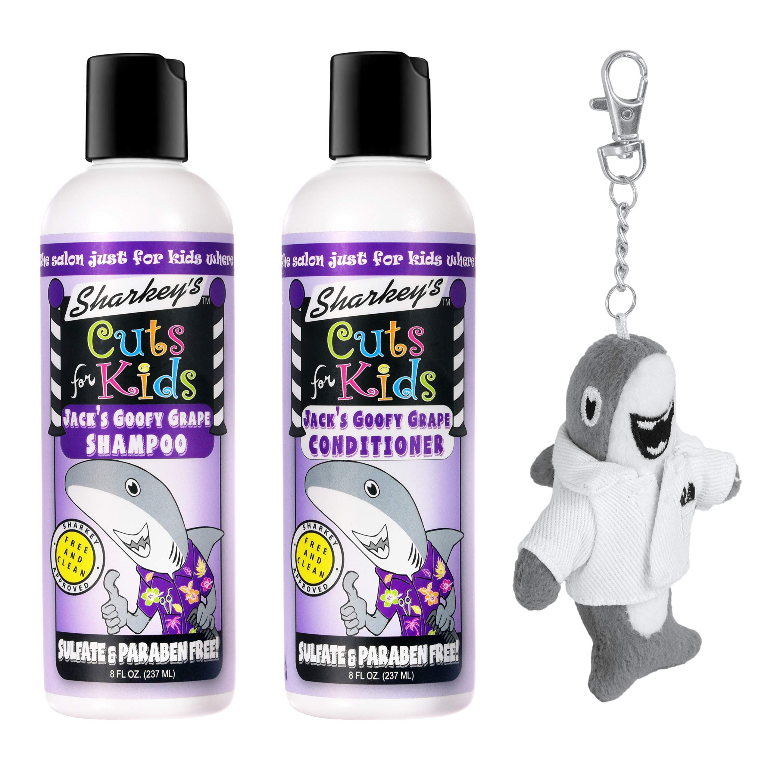 Sharkey's Grape Scented Kids Shampoo & Conditioner Set with Baby Shark Plush Backpack Clip - Sulfate Free, Paraben Free Hair Care for Toddlers & Children - Perfect for Bath Time, Travel & School Accessories
