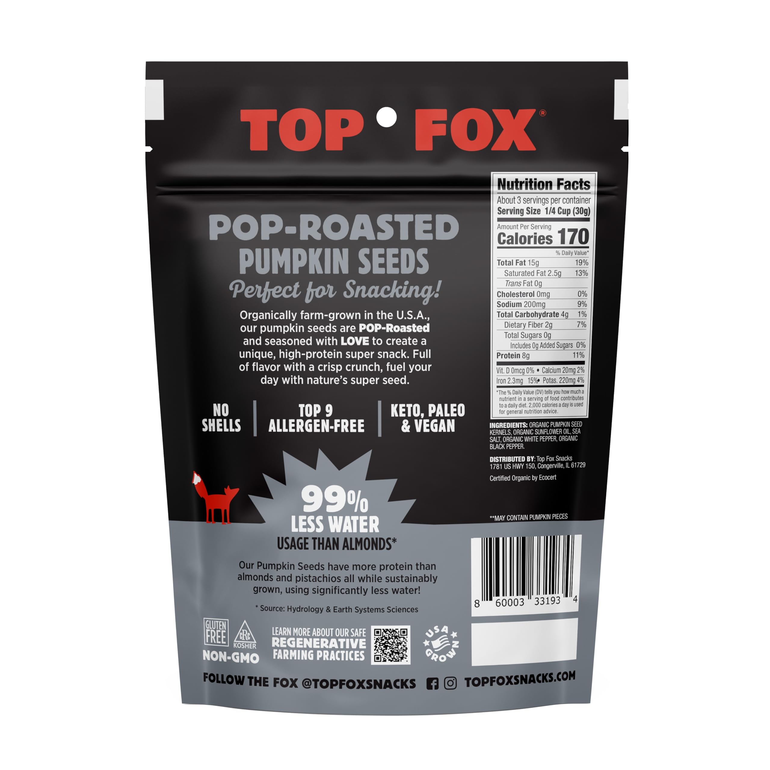Organic Pop-Roasted Pumpkin Seeds by Top Fox Snacks | Healthy Protein Snacks - Gluten Free, Keto & Vegan Friendly (Salt & Pepper, 3.5oz - 6 Pack) | Perfect for On-the-Go, Office & Post-Workout Nutrition