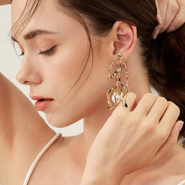 Elegant Large Two-Tone Flower Pearl Drop Earrings for Women | R0919 | Perfect for Weddings, Parties & Special Occasions