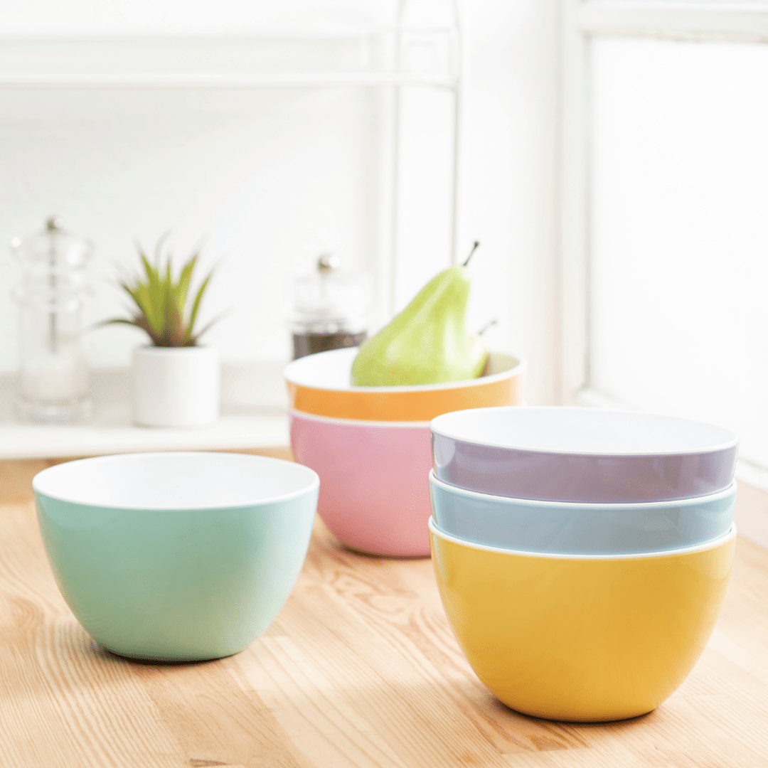 bzyoo 6-Piece 5.5 Inch 30.4oz ColorPop Bowls Set - Pastel Colored Melamine Serving Bowls for Salads, Desserts, Snacks & Party Tableware