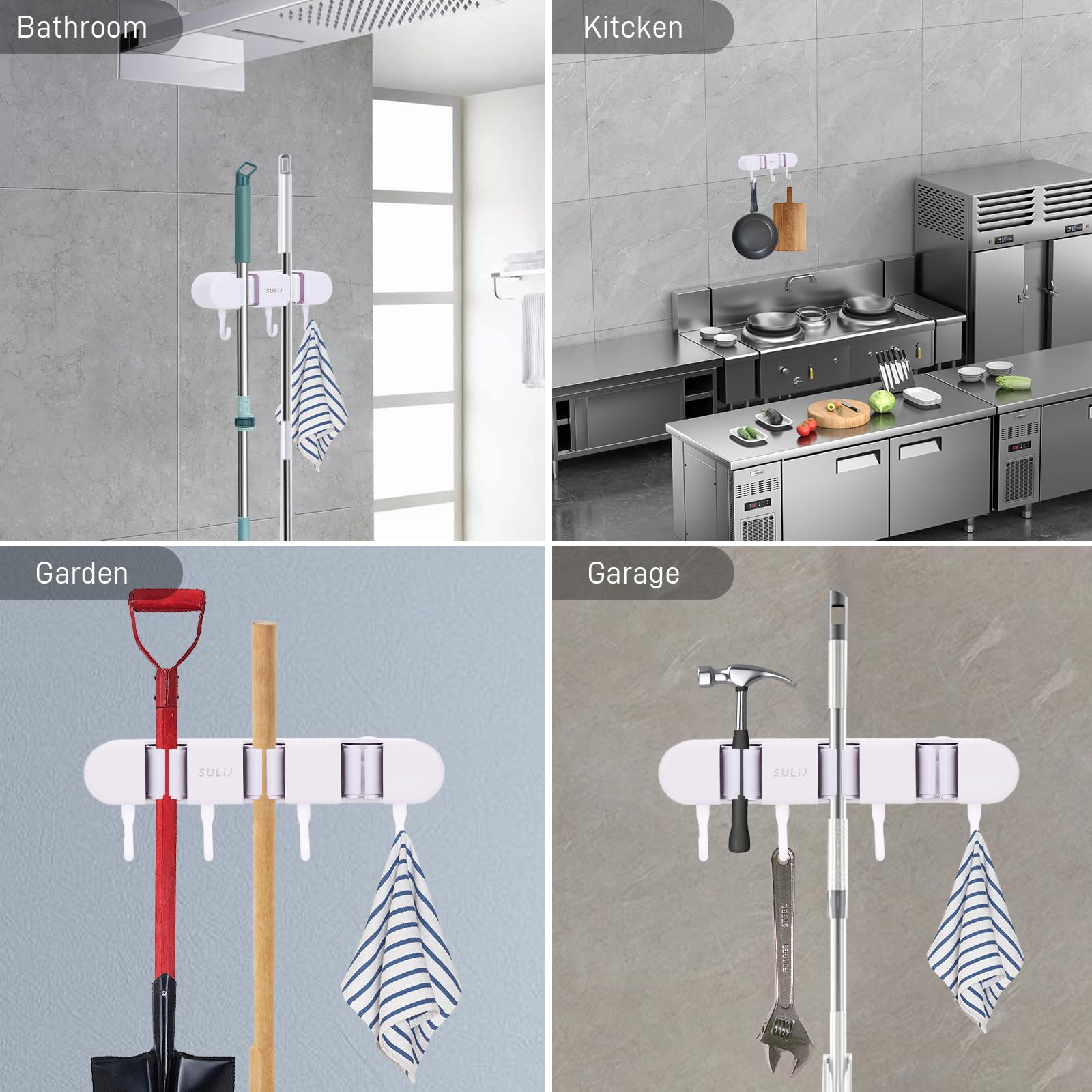 Bntyok Heavy Duty Wall Mount Broom Holder with 2 Slots & 3 Hooks - White | Garden Tool Organizer & Broom Hanger for Home, Laundry Room, Kitchen, Closet, Shed, Garage | Perfect for Organizing Mops, Brooms, Rakes & Cleaning Supplies