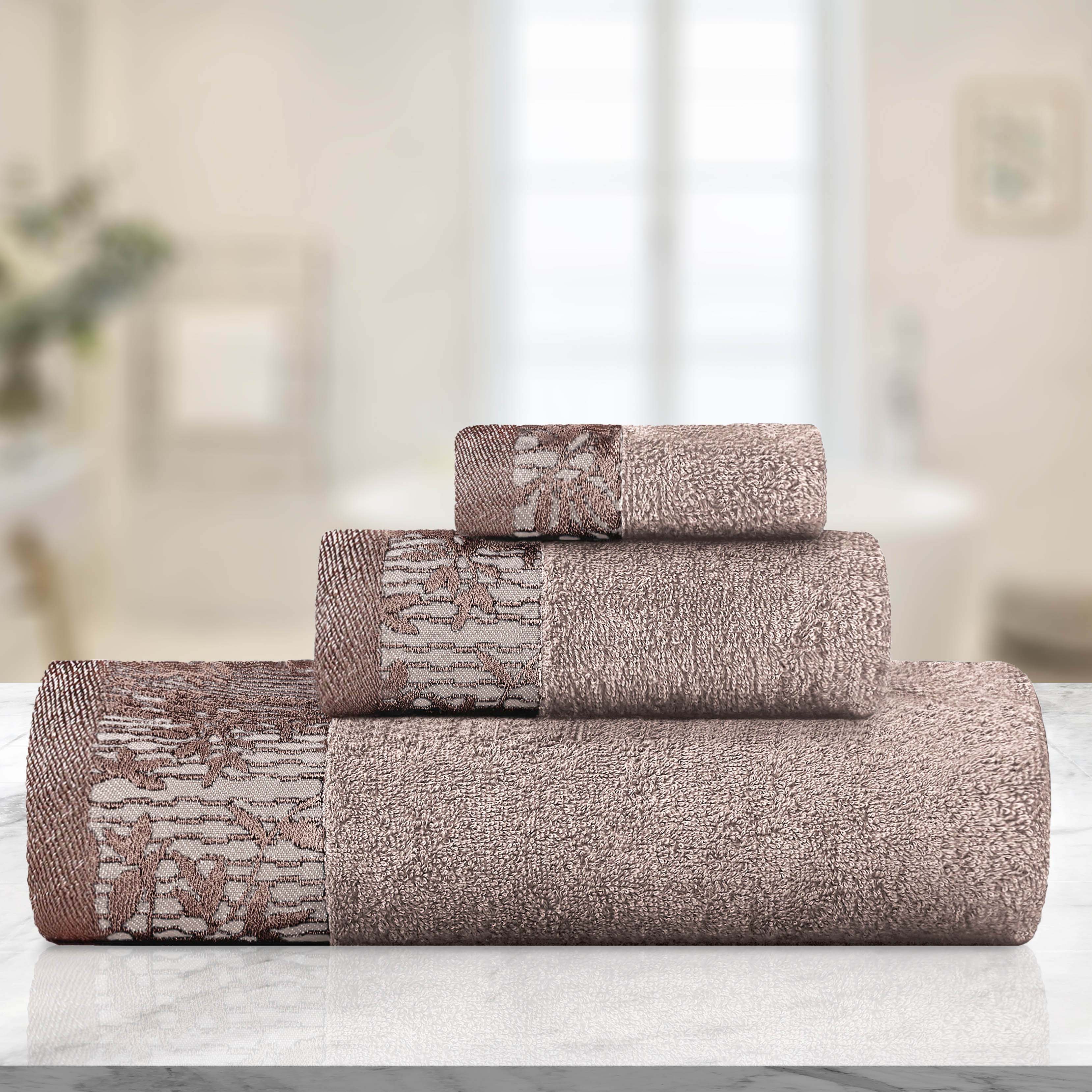 Wisteria Cotton Floral Embroidered Jacquard Border 3-Piece Bath Towel Set - Soft & Absorbent for Spa, Bathroom & Guest Room Decor