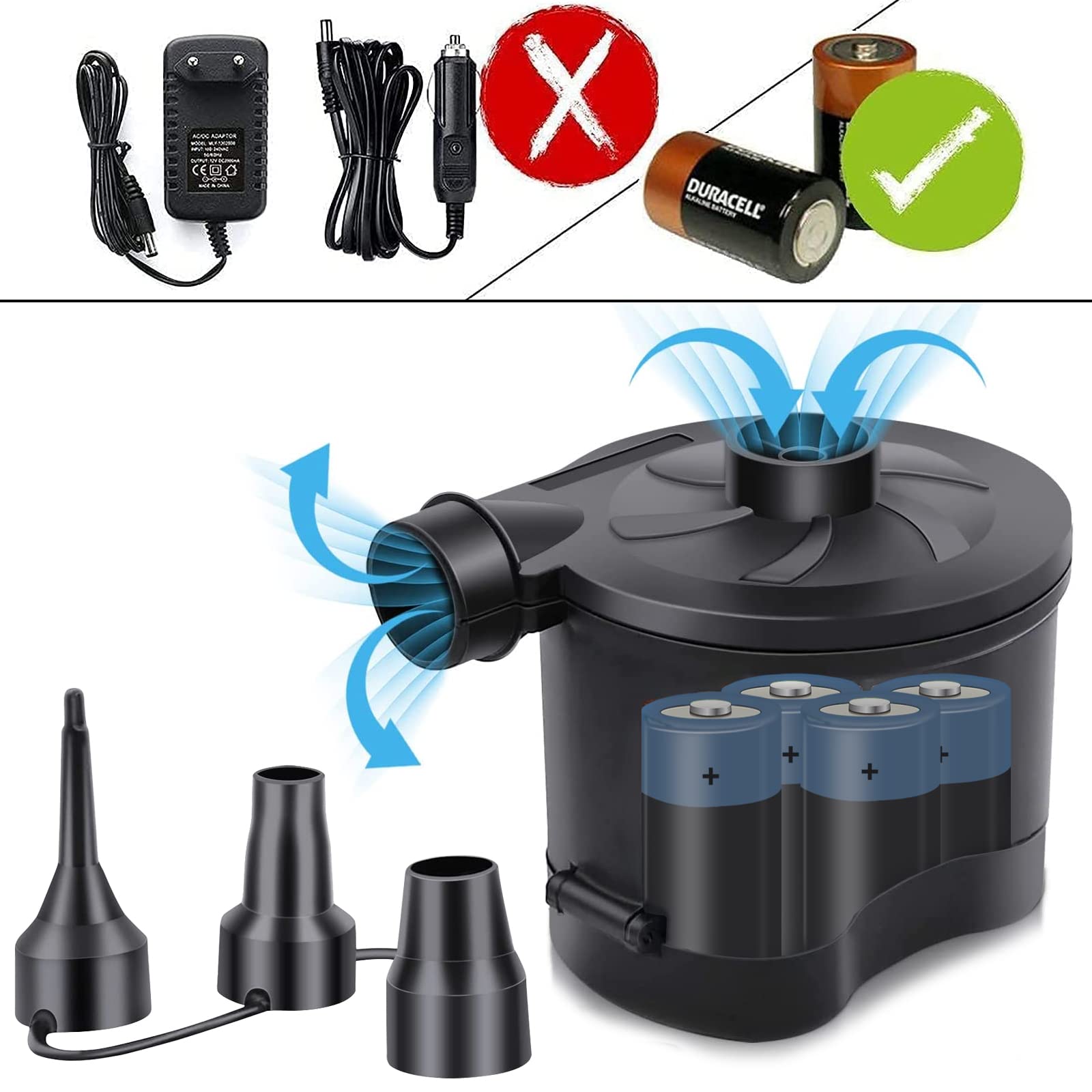 OBEST Portable Electric Air Pump - Battery Powered Inflator & Deflator for Air Mattress, Pool Floats, Rafts, Boats & Toys - Includes 3 Nozzles - Perfect for Camping, Beach Trips & Outdoor Adventures