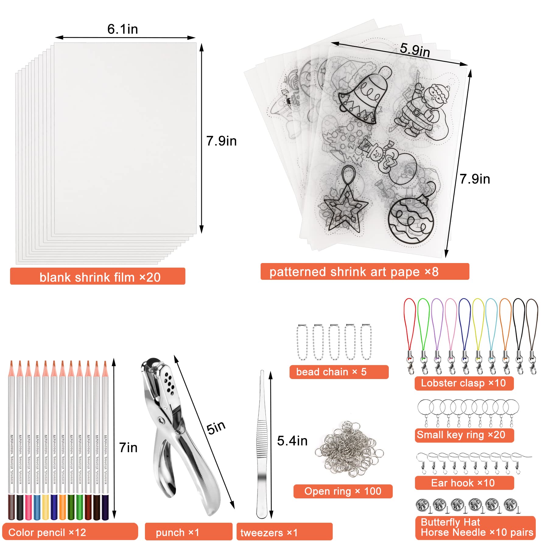 NOVWANG 198-Piece Heat Shrink Plastic Sheet Kit with 28 Shrinky Papers, Hole Punch, Keychain Accessories & Pencils - DIY Art Crafts for Kids, Jewelry Making, School Projects & Creative Gifts