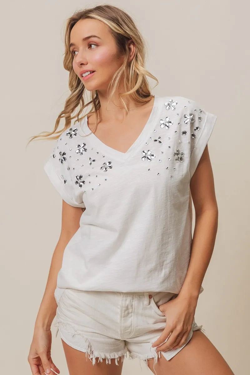 BiBi Slub Jersey Rhinestone V Neck Top - Women's Fashion Blouse for Party & Evening Wear - Elegant & Stylish Casual Outfit