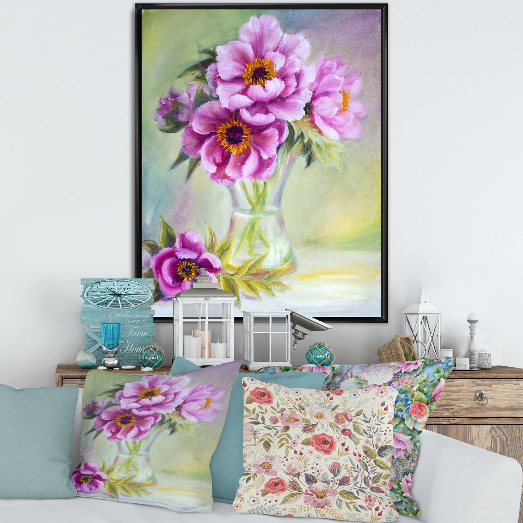 Peonies in Vase Still Life Oil Painting - Traditional Framed Canvas Wall Art Print for Living Room, Bedroom & Office Decor