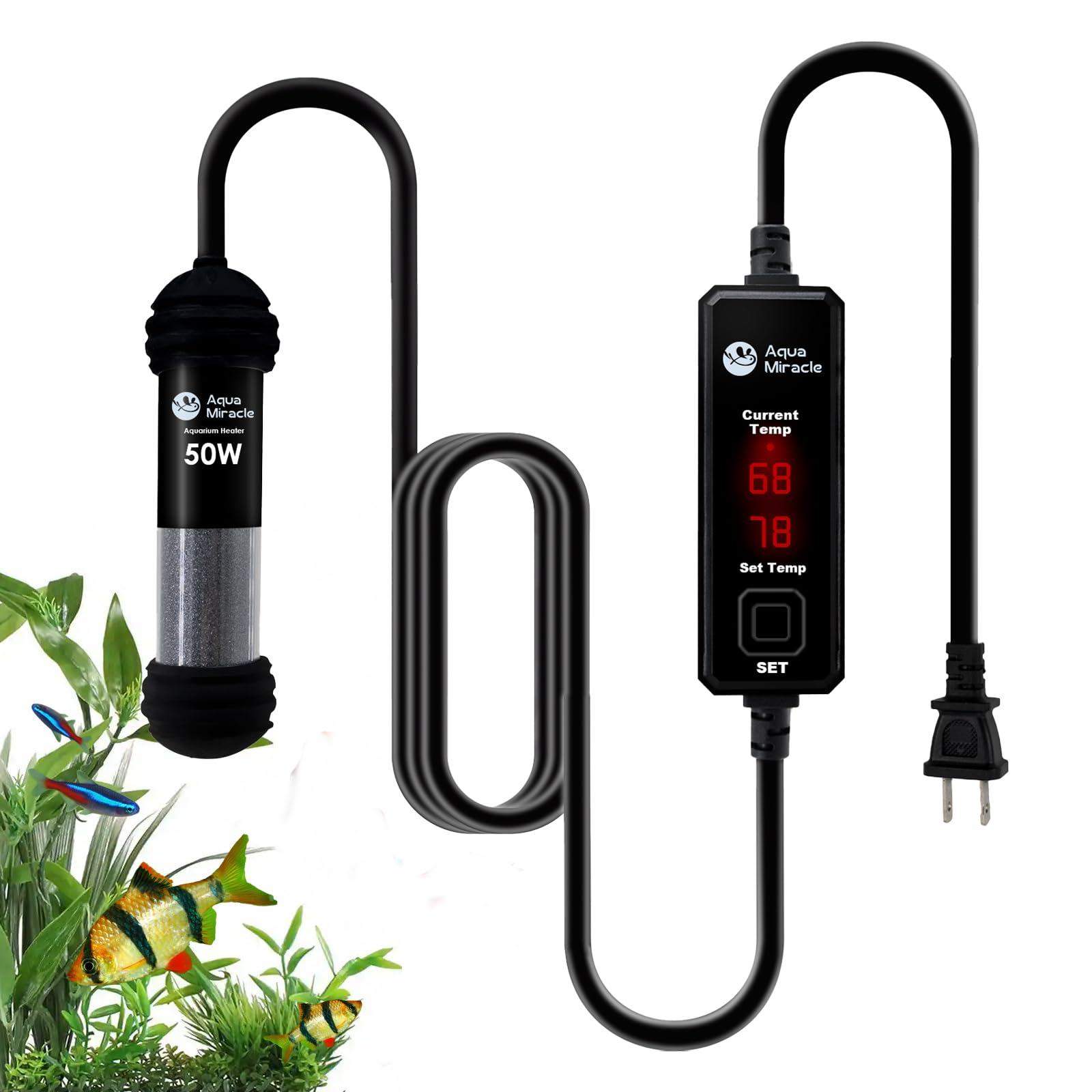 AquaMiracle 50W Small Aquarium Heater with Dual LED Display - Fish Tank Heater for 5-10 Gallon Tanks - Super Mini Turtle Tank Heater with Dry-Run & Overheating Protection - Memory Function - Perfect for Home, Office or Classroom Aquariums