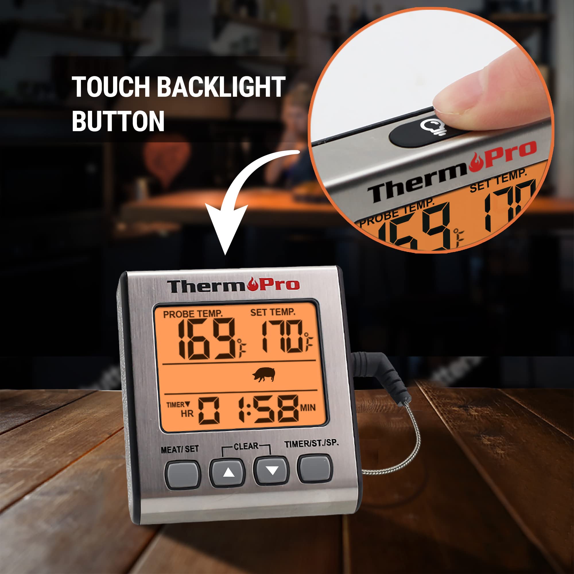 ThermoPro TP16S Digital Meat Thermometer with Backlight & Timer - Instant Read Cooking Thermometer for Grilling, BBQ, Smoking, Baking, Oven & Oil Frying - Perfect for Indoor & Outdoor Kitchen Use