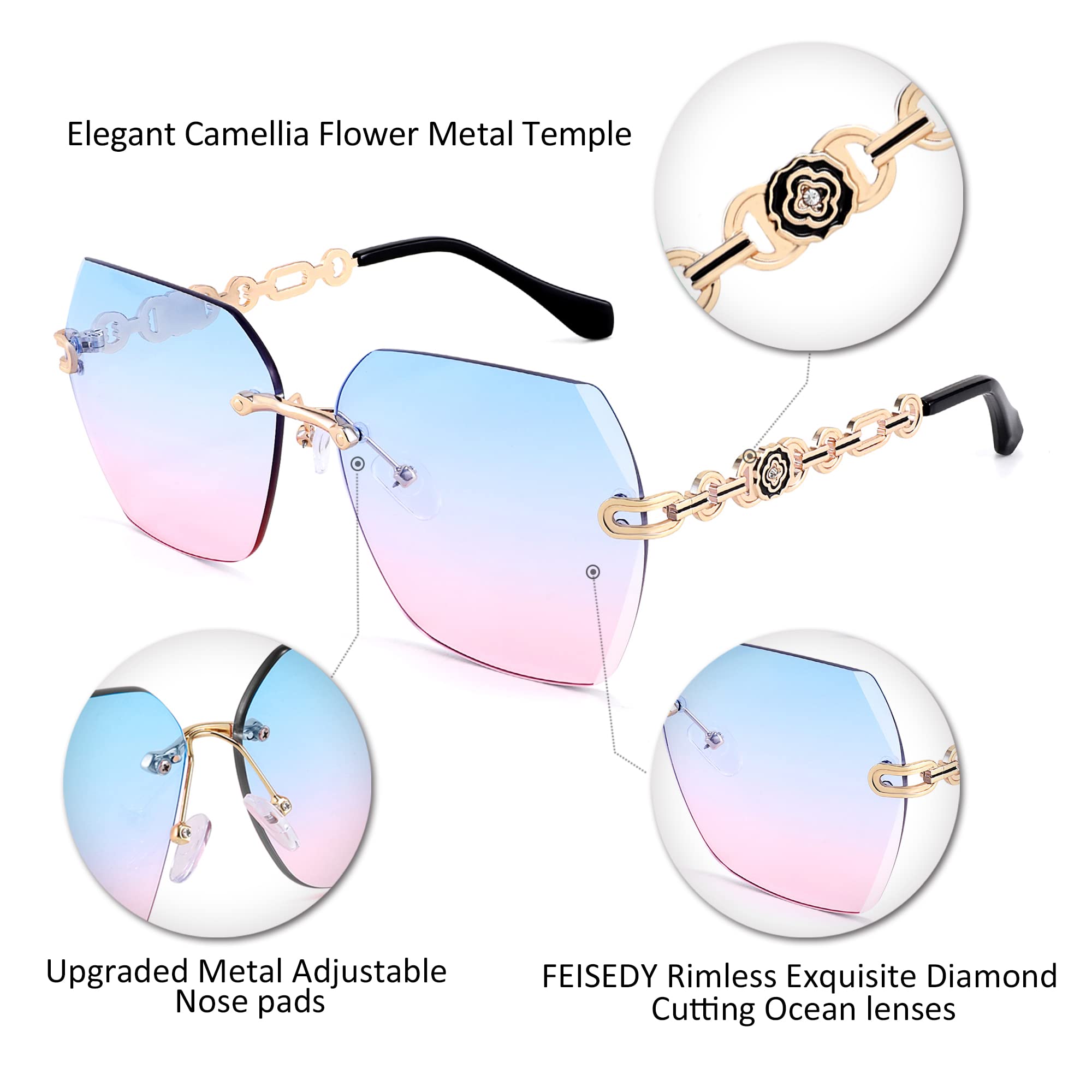 FEISEDY Women's Rimless Hexagonal Sunglasses with Gradient Lenses for Fashion Outfits