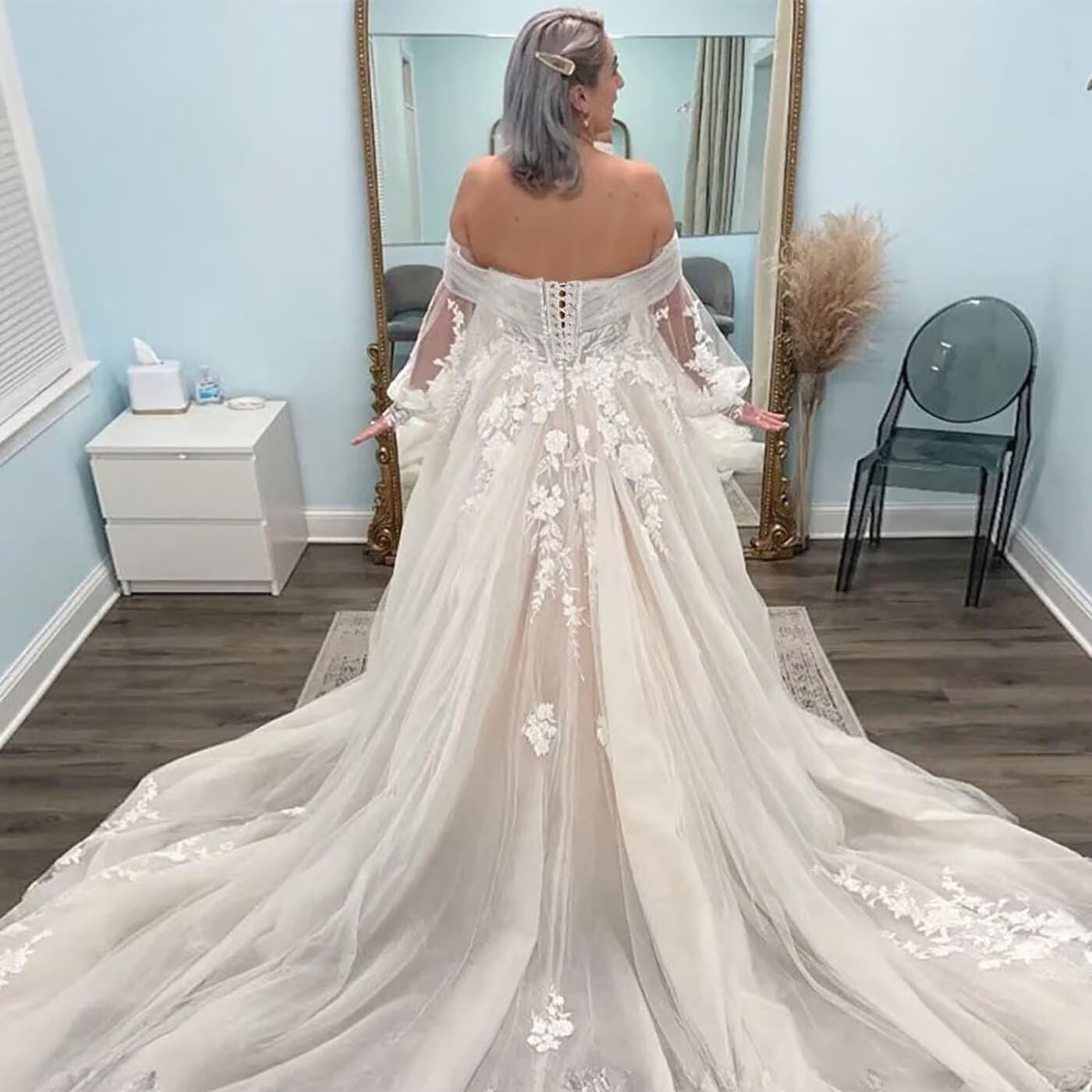 Elegant Off Shoulder Wedding Dress for Bride - Beach Wedding Gown with Puffy Tulle Sleeves & Flowing Train | Perfect for Beach Ceremonies, Vow Renewals and Romantic Photoshoots