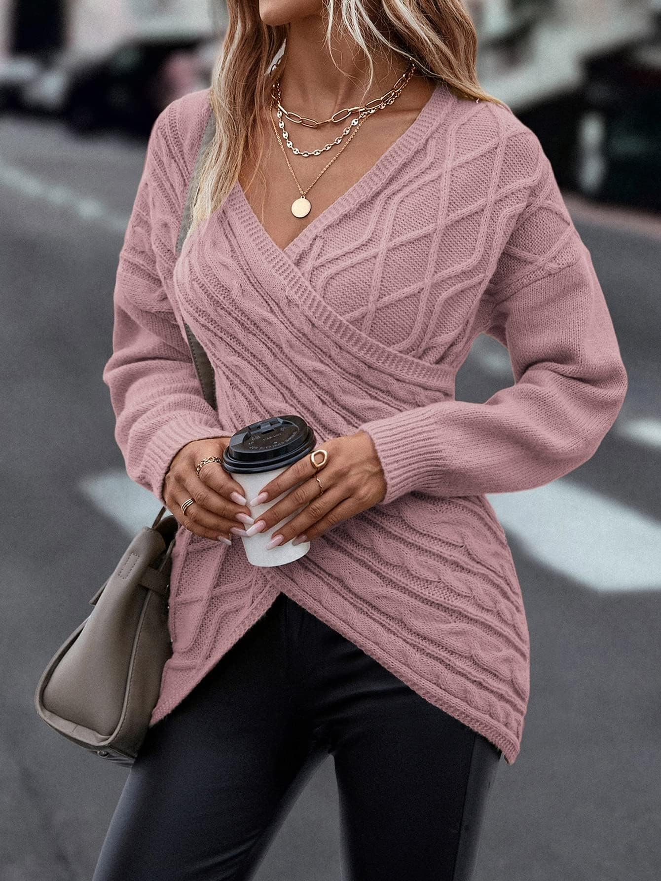 Women's Casual V-Neck Long Sleeve Cable Knit Sweater - Cross Wrap Front Pullover Jumper Top for Fall & Winter | Perfect for Office, Date Night & Cozy Home Wear
