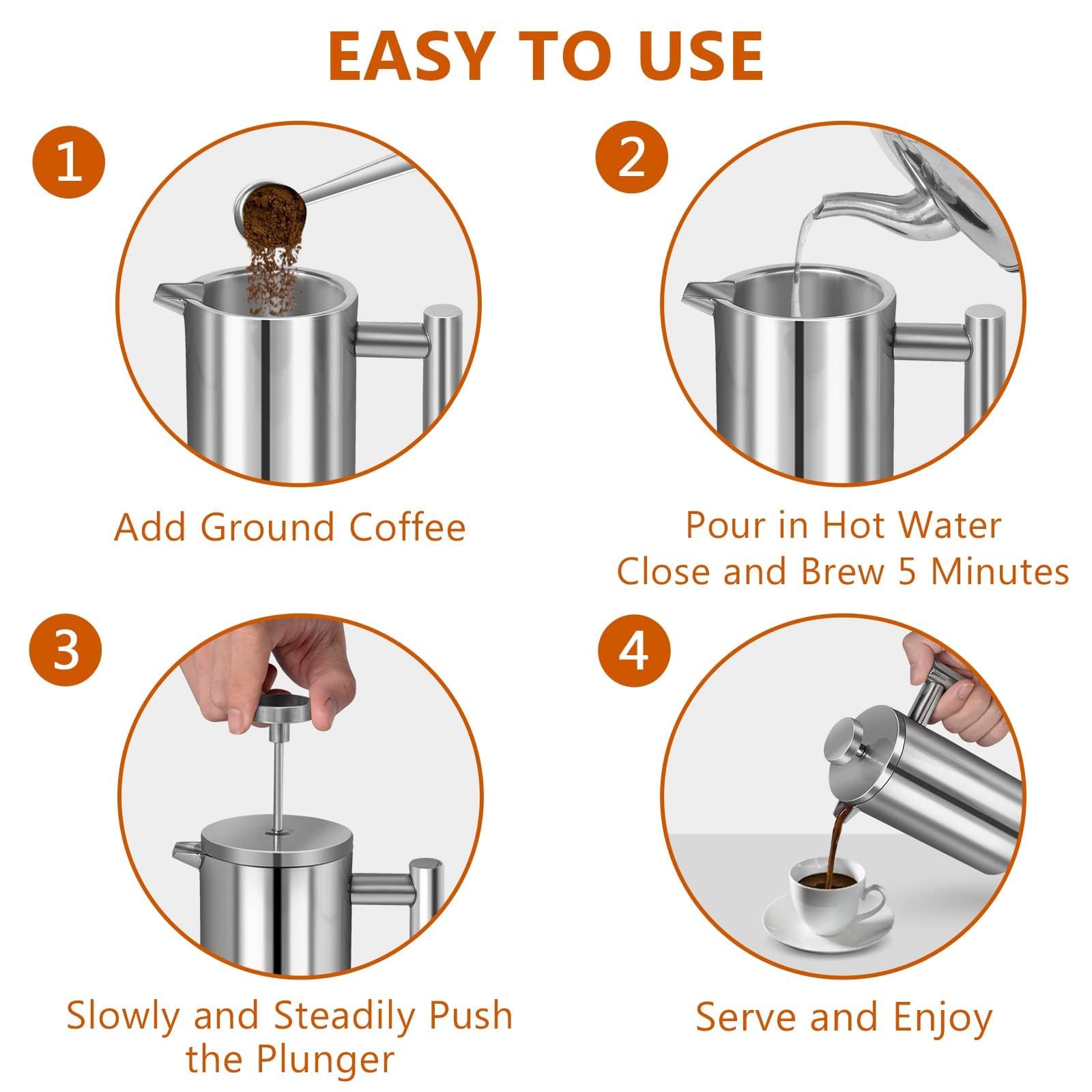 Premium Stainless Steel French Press Coffee Maker - 50oz/1500ml Double Wall Insulated for Hot Coffee & Tea - Includes 3 Extra Filters & Measuring Spoon - Perfect for Home, Office & Camping (Silver)