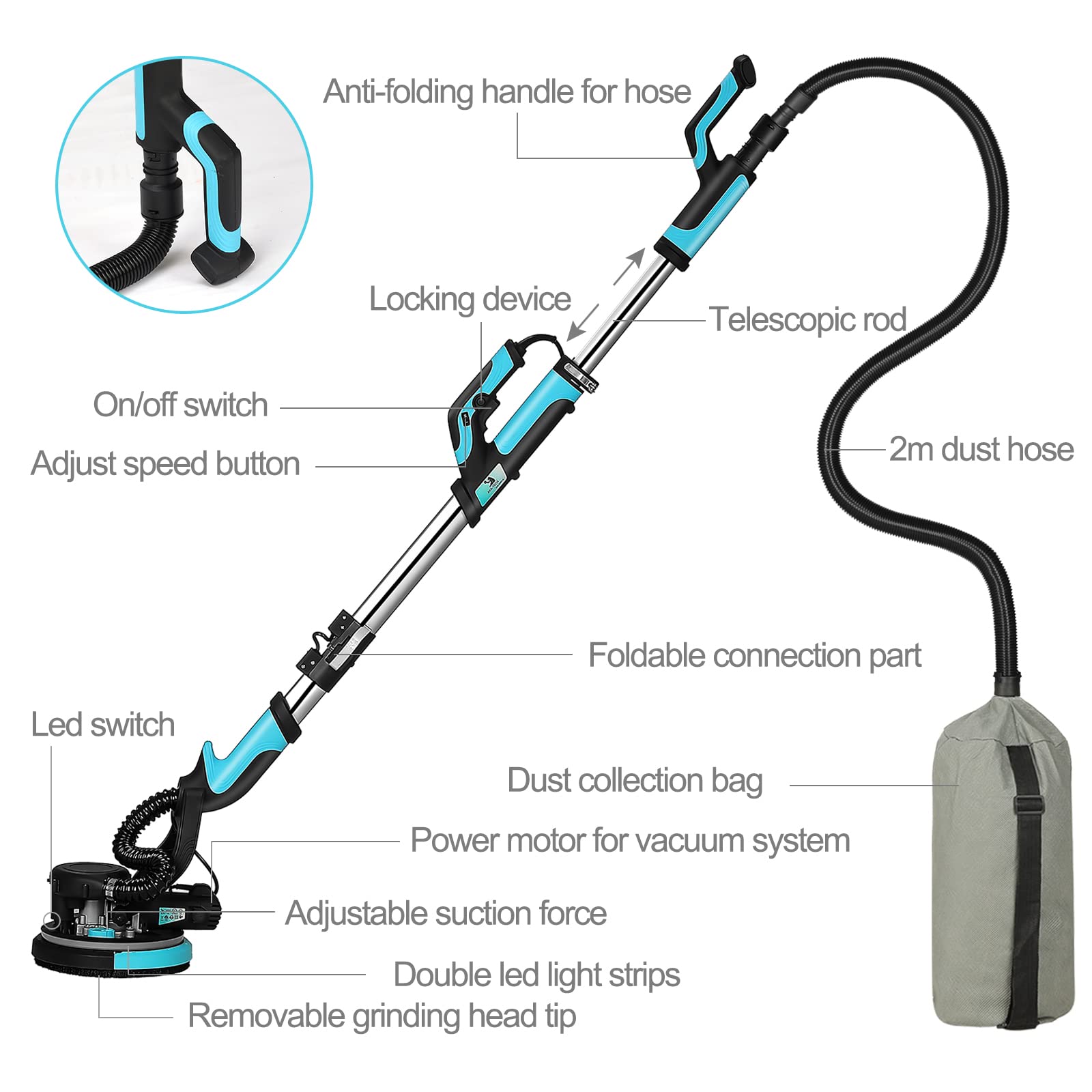 750W Electric Drywall Sander with Vacuum - 7 Variable Speed Pole Sander for Ceiling & Walls, Includes 14 Sanding Discs & 13FT Power Cable - Perfect for Popcorn Ceiling Removal, Drywall Repair, and Home Renovation Projects
