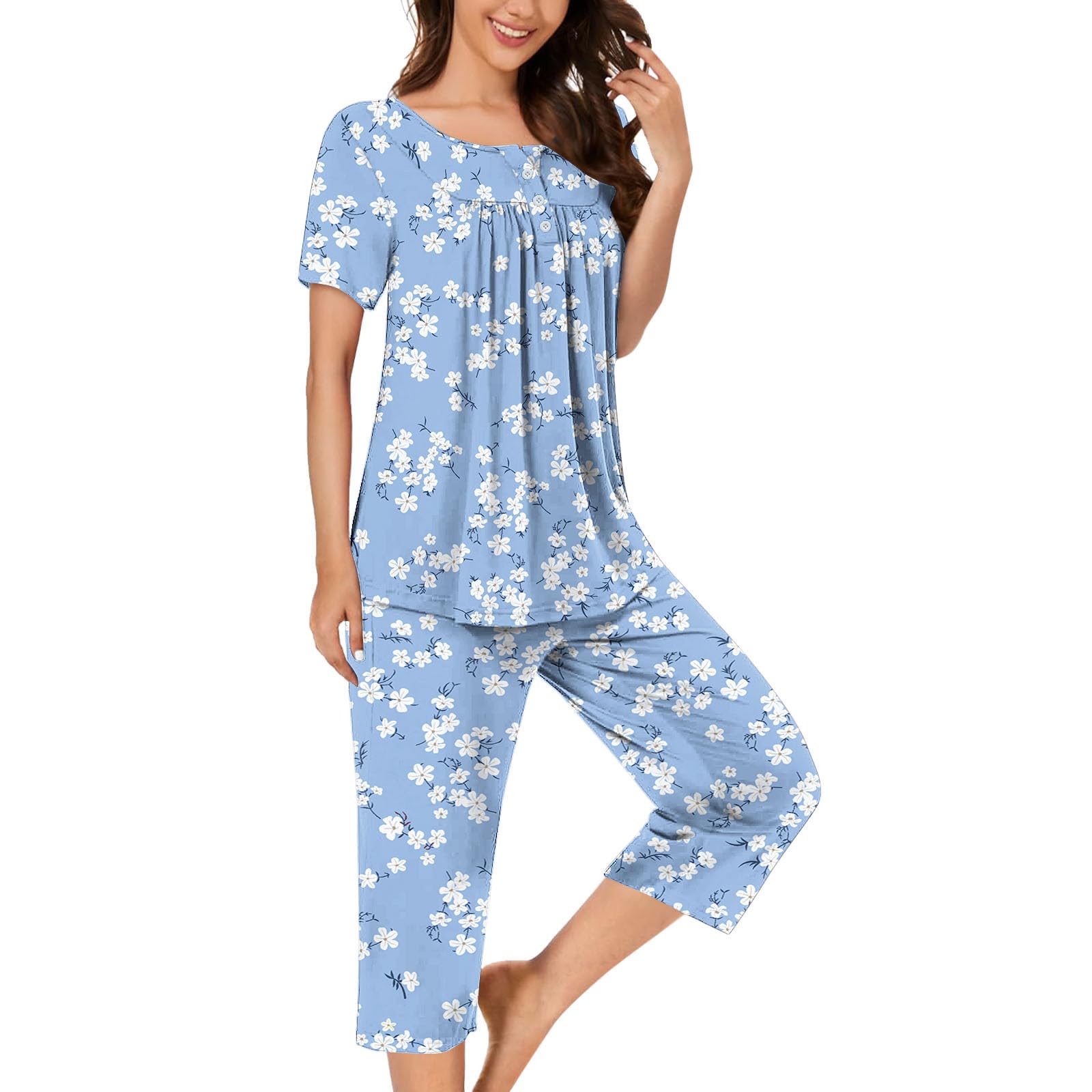 Kinrui Women's 2-Piece Pajama Set - Short Sleeve Shirt & Capri Pants with Pockets | Soft Lounge Sleepwear for Women | Perfect for Sleepovers, Relaxing at Home & Summer Nights