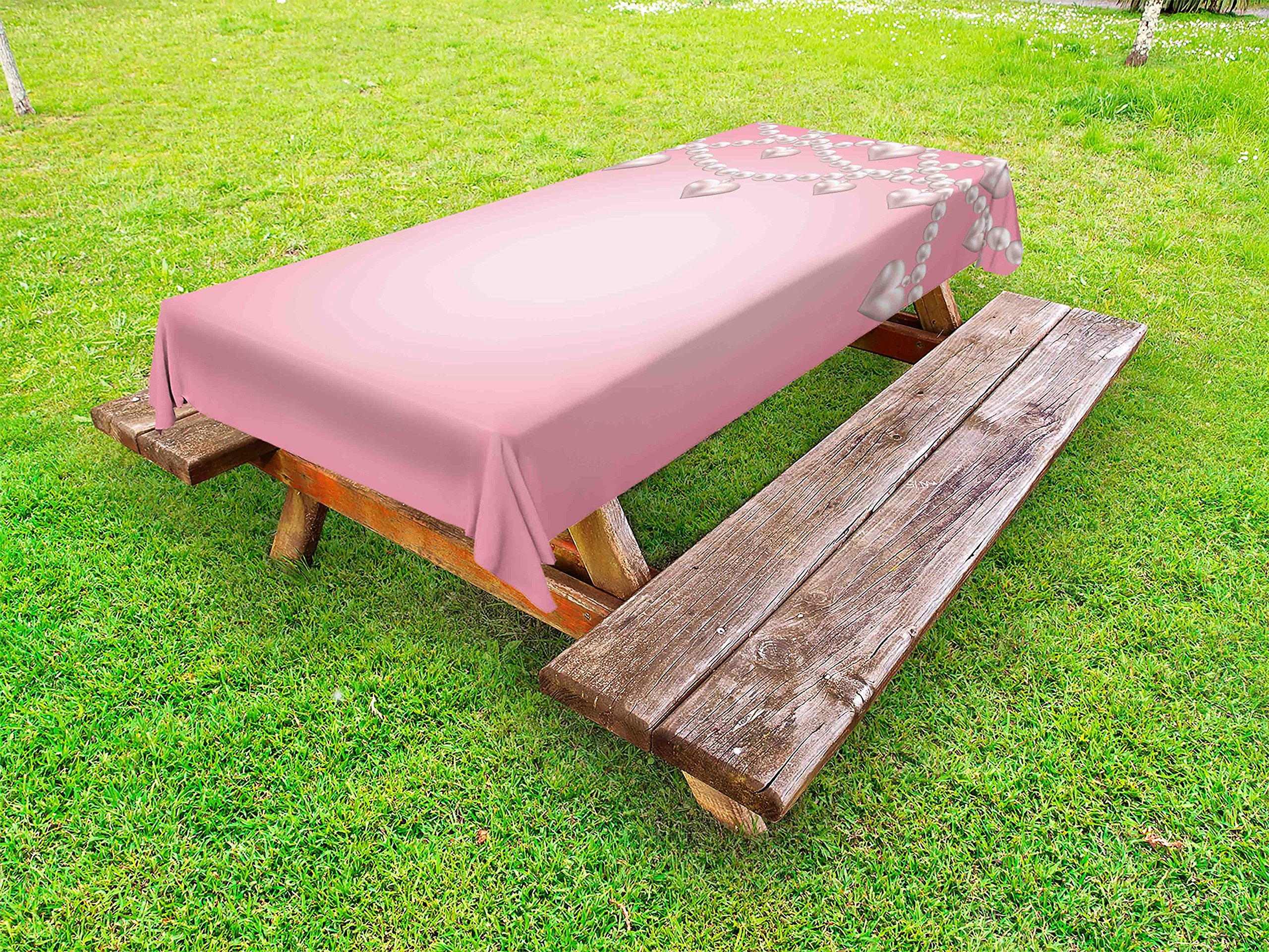 Ambesonne Vintage Pearl Necklace Design Outdoor Tablecloth - Heart Pearl Print, Washable Picnic Table Cover 58