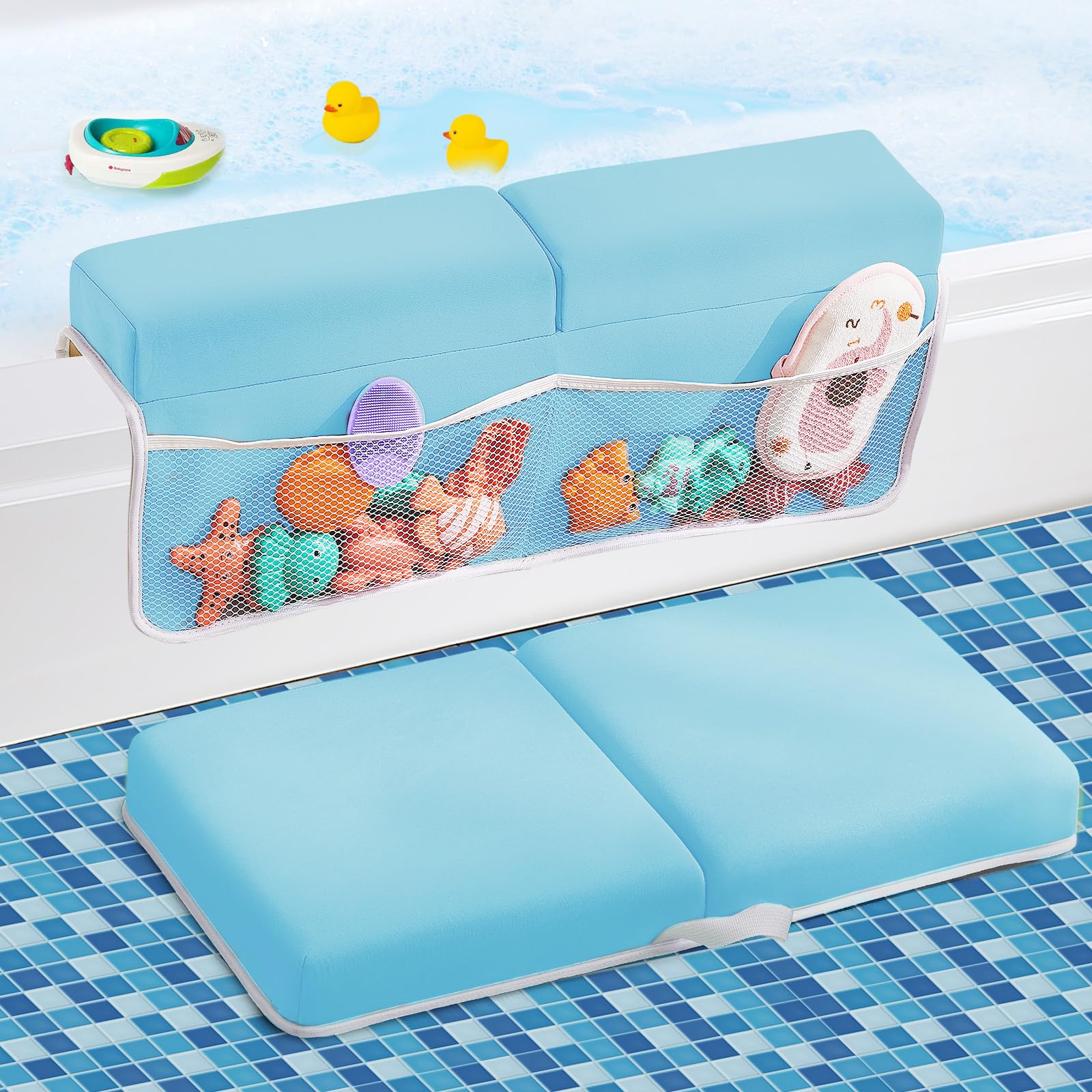 **ILPEOD Baby Bath Kneeler & Elbow Rest Pad Set – Thick Soft Memory Foam, Quick-Dry Bathtub Mat for Safe Baby Bathing | Non-Slip, Waterproof & Toy Organizer | Perfect Baby Shower Gift for Parents (Blue)**    *Ideal for stress-free bath time, nursery safety, and keeping baby essentials organized.*