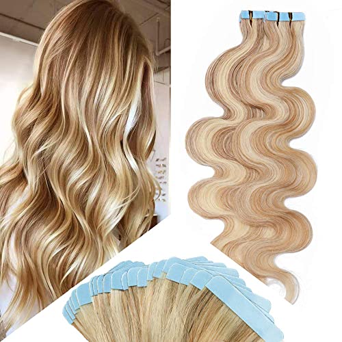 16 Inch 40pcs 100g Remy Tape-in Hair Extensions - Wavy Human Hair with Highlight Body Wave - Seamless Skin Weft Glue-in Hairpieces - 2-Tone Balayage #18/613 Ash Blonde Mix Bleach Blonde - Perfect for Parties, Weddings & Daily Styling