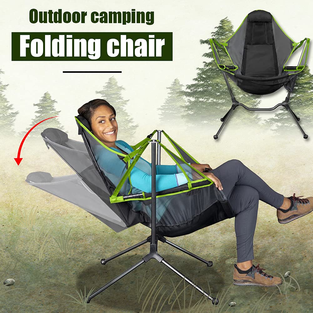 Ultralight Folding Reclining Camping Chair with Pillow - Portable Rocking Moon Chair for Outdoor, Beach, Picnic & Travel - Perfect for Camping, Fishing, Stargazing & Backyard Relaxation (Light Green)
