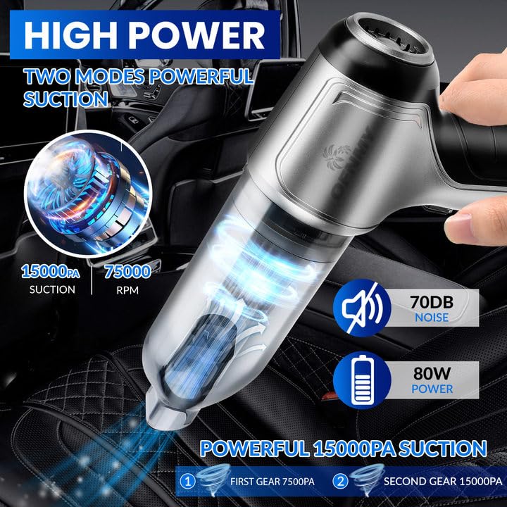 15000Pa High Power Cordless Handheld Vacuum Cleaner - 3-in-1 Portable Car Vacuum for Auto, Home & Office Cleaning | Wireless Mini Vacuum for Car Seats, Pet Hair & Small Spaces