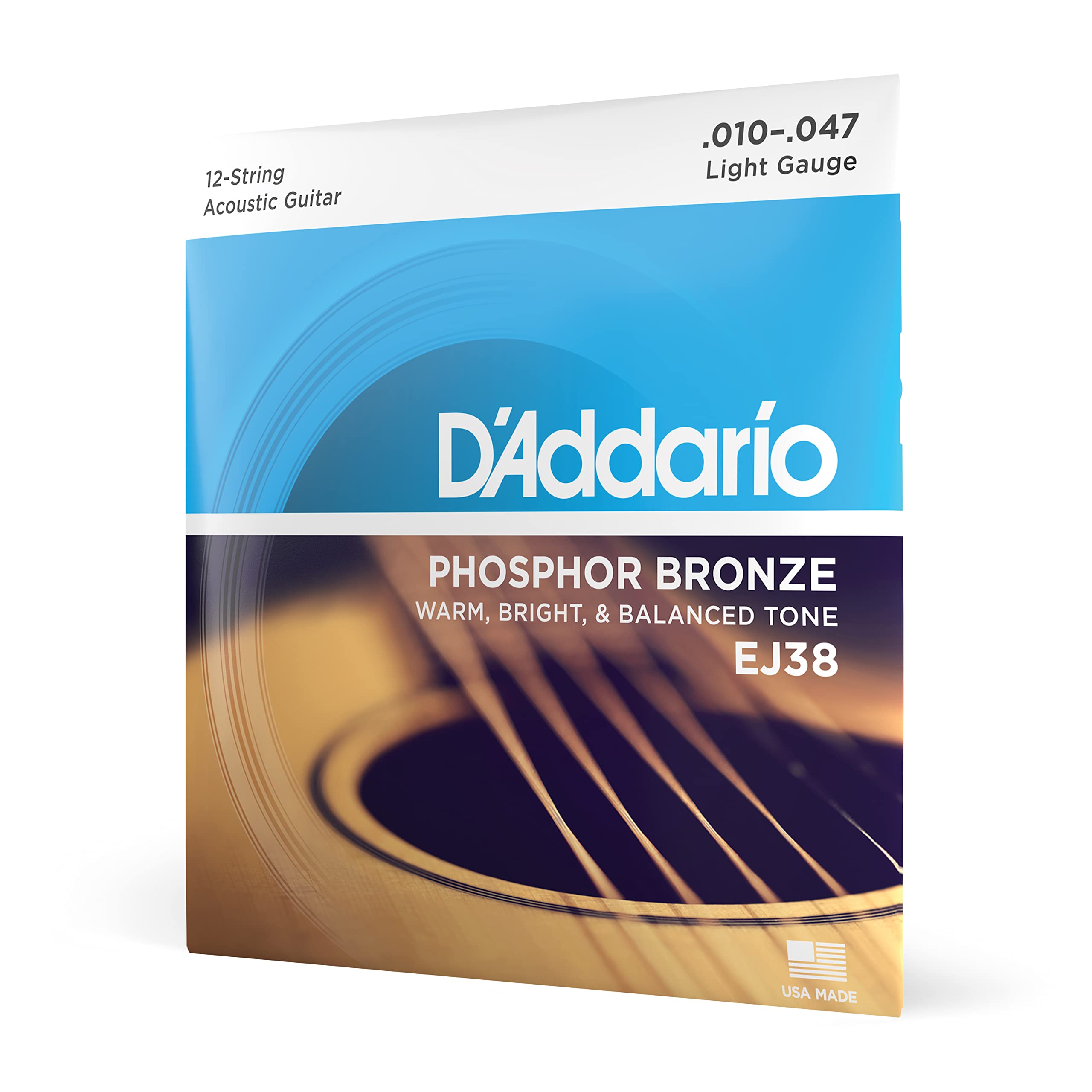 D'Addario EJ38 Phosphor Bronze Acoustic Guitar Strings 10-47 Light Gauge for 12 String Guitars - Rich Full Tonal Spectrum - Perfect for Studio Recording & Live Performances