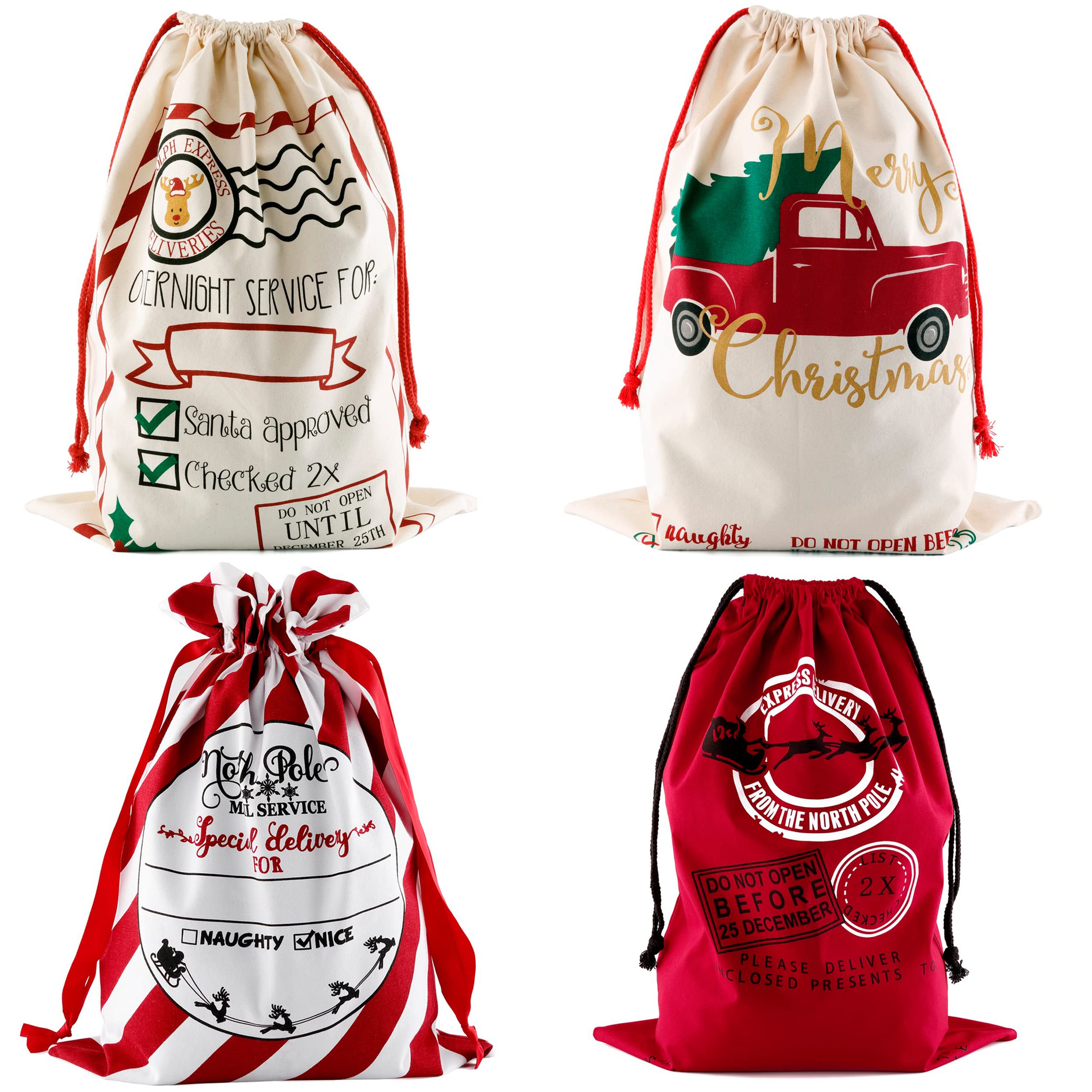 Premium 4-Piece Christmas Santa Sack Gift Bags Set (28