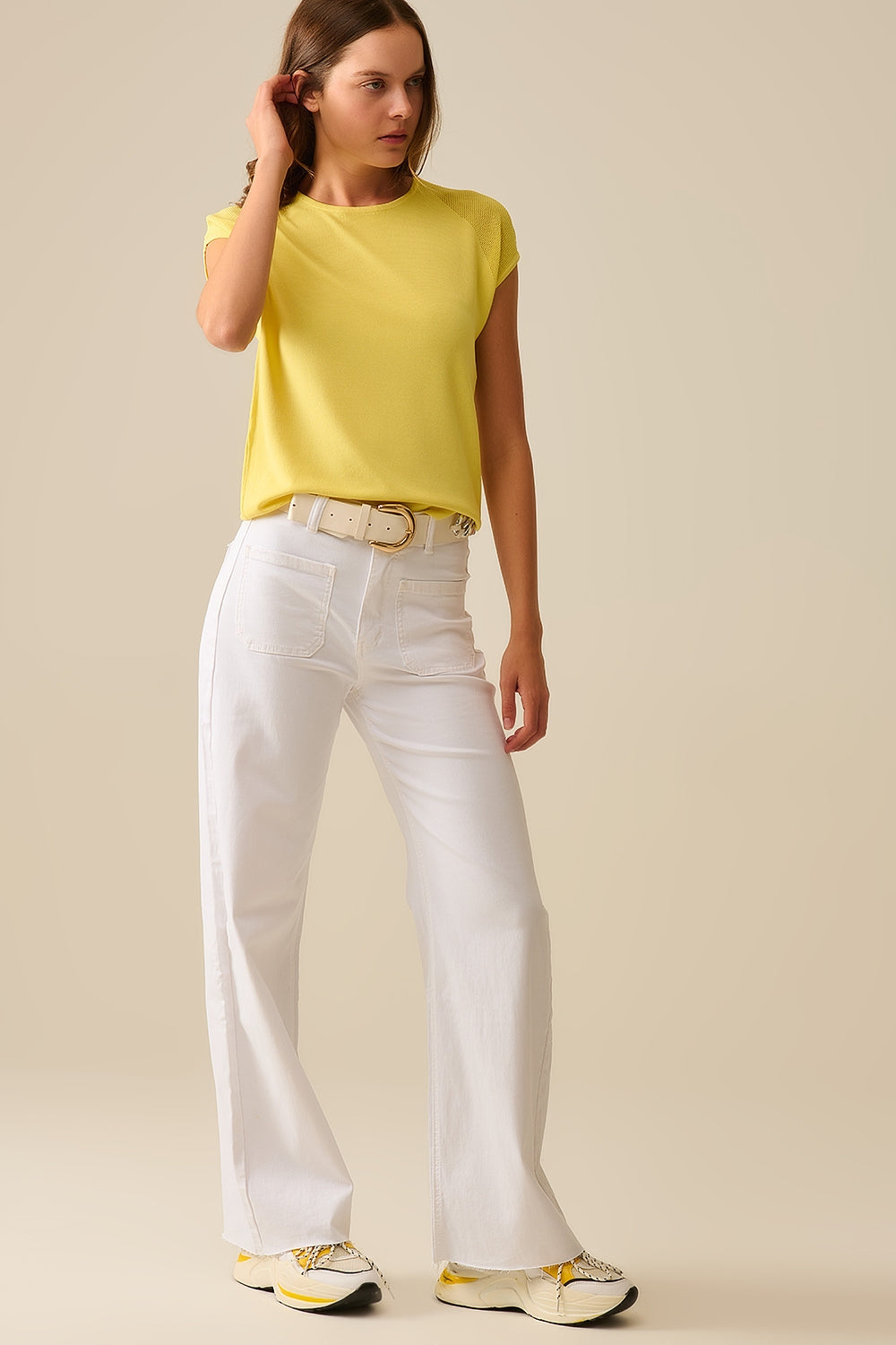 Yellow Short Sleeve Pullover with Shoulder Mesh Detail - Perfect for Casual Outings, Summer Fashion & Layering