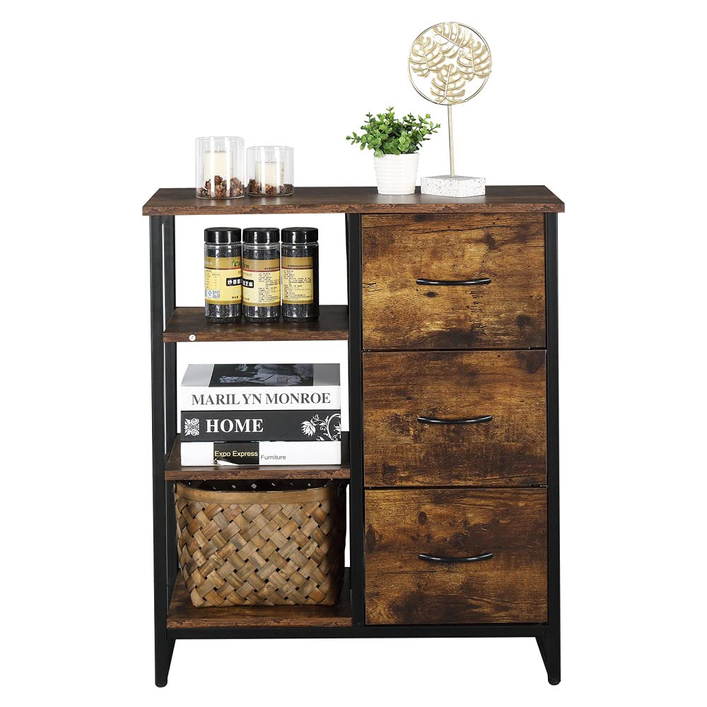 Farmhouse Style Floor Storage Cabinet with Open Shelves & 3 Drawers - Freestanding Accent Cupboard for Bathroom, Living Room, Bedroom, Hallway & Kitchen - Dark Brown Wooden Organizer for Home Decor & Storage Solutions