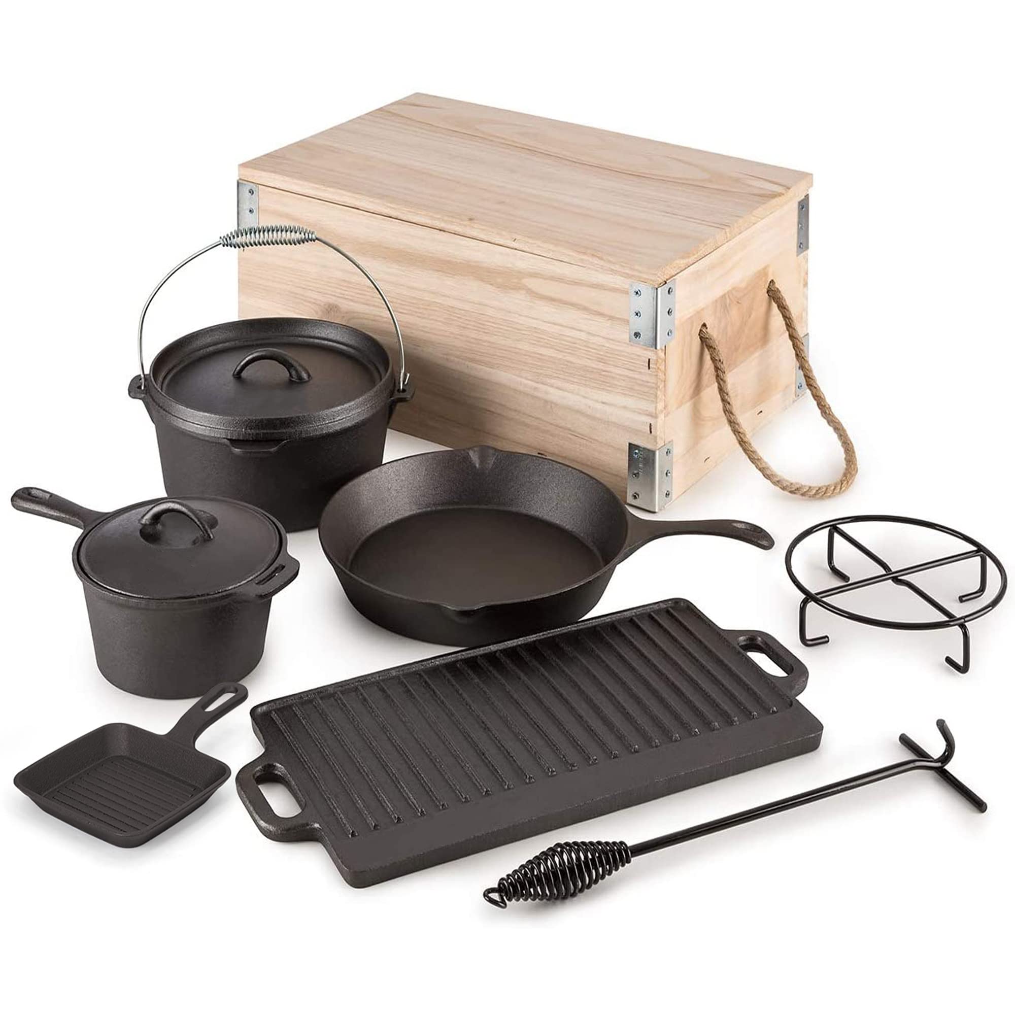 8-Piece Pre-Seasoned Cast Iron Dutch Oven Cookware Set with Skillets & Square Grill Pan - Includes Vintage Wood Carrying Box for Camping, BBQ, Baking & Outdoor Cooking - Perfect for Home Kitchen, Backyard Grilling & RV Camping Trips