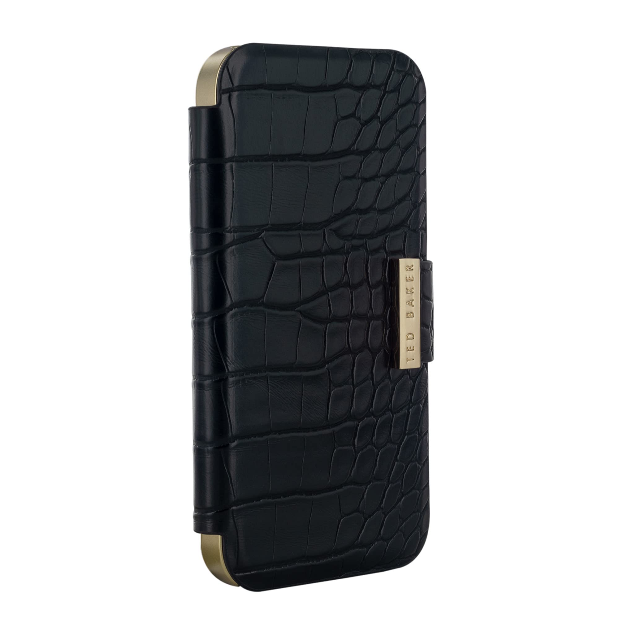 Ted Baker KHAILIA Black Croc-Embossed Leather Wallet Phone Case for iPhone 12/12 Pro - Dual Card Slots & Gold Shell | Stylish Protective Cover for Everyday Use & Business Meetings