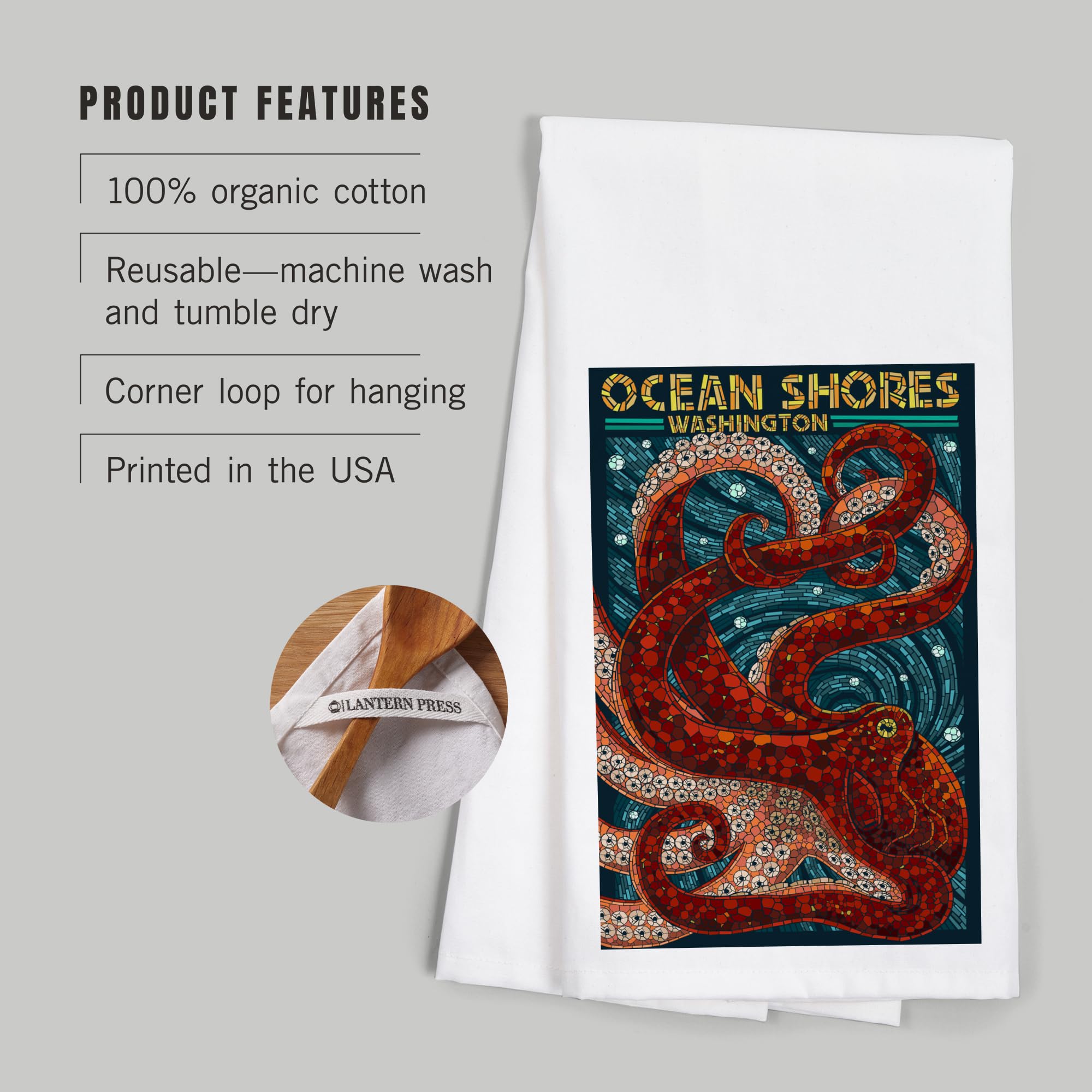 Lantern Press Ocean Shores Washington Octopus Mosaic Cotton Tea Towel - 100% Cotton Decorative Hand Towel for Kitchen, Bathroom & Home Decor | Perfect for Dish Drying, Gift Giving & Coastal Themed Decor