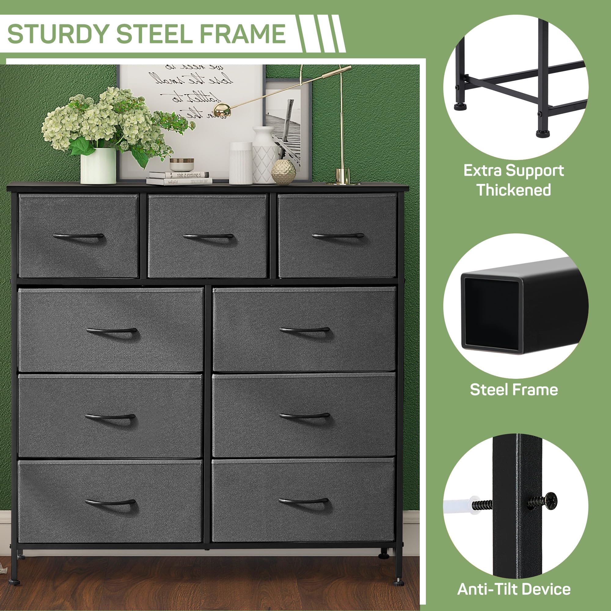 9-Drawer Fabric Dresser with Wooden Top & Metal Frame - Anti-Tip Tall Storage Organizer for Bedroom, Closet, Living Room | Perfect for Clothes, Accessories & Home Organization in Hallway or Entryway