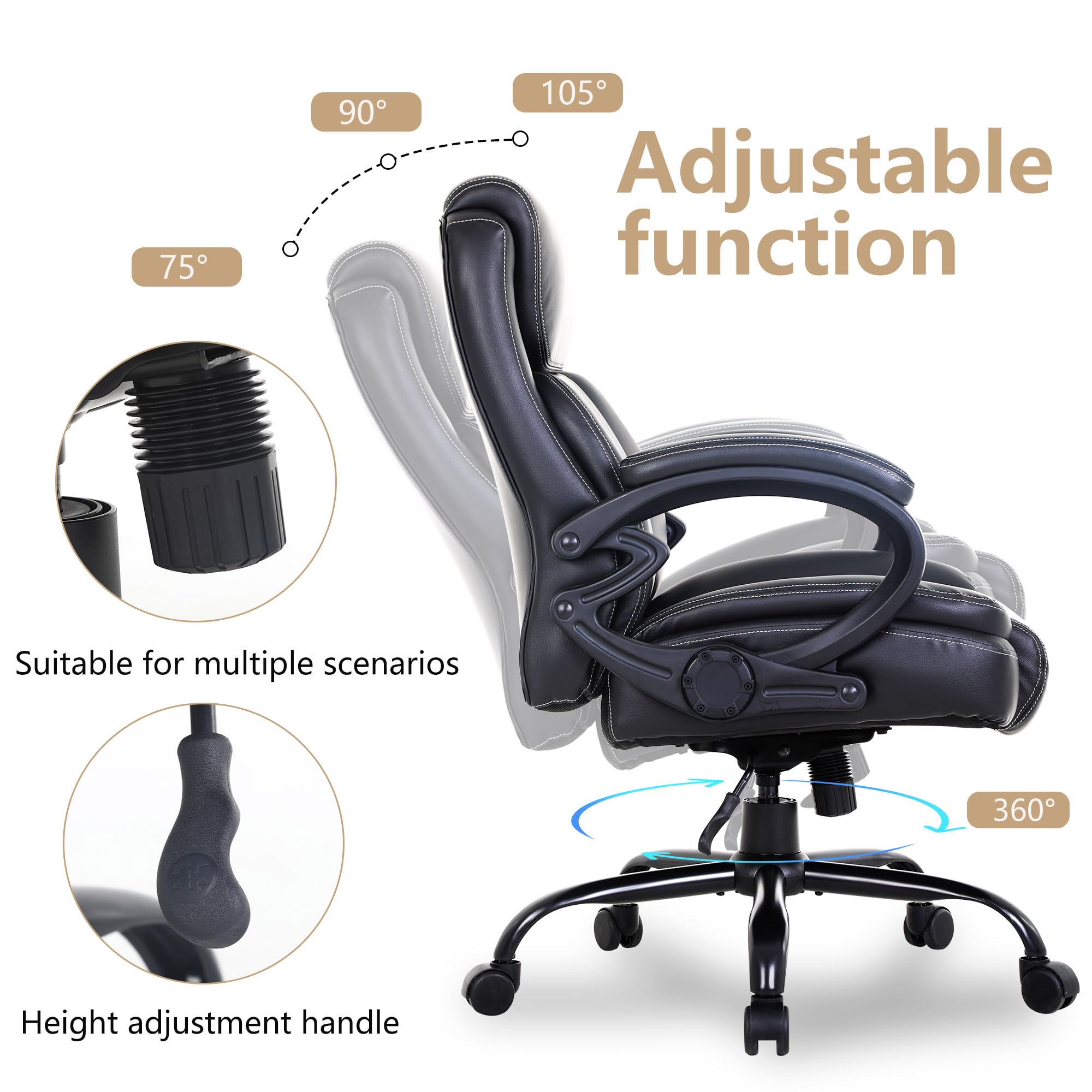 Big and Tall Office Chair 400lbs Capacity - Wide Seat Ergonomic Computer Chair with Adjustable Arms & Lumbar Support - PU Leather High Back Executive Desk Chair for Back Pain Relief - Perfect for Home Office, Gaming & Workspaces (Black)