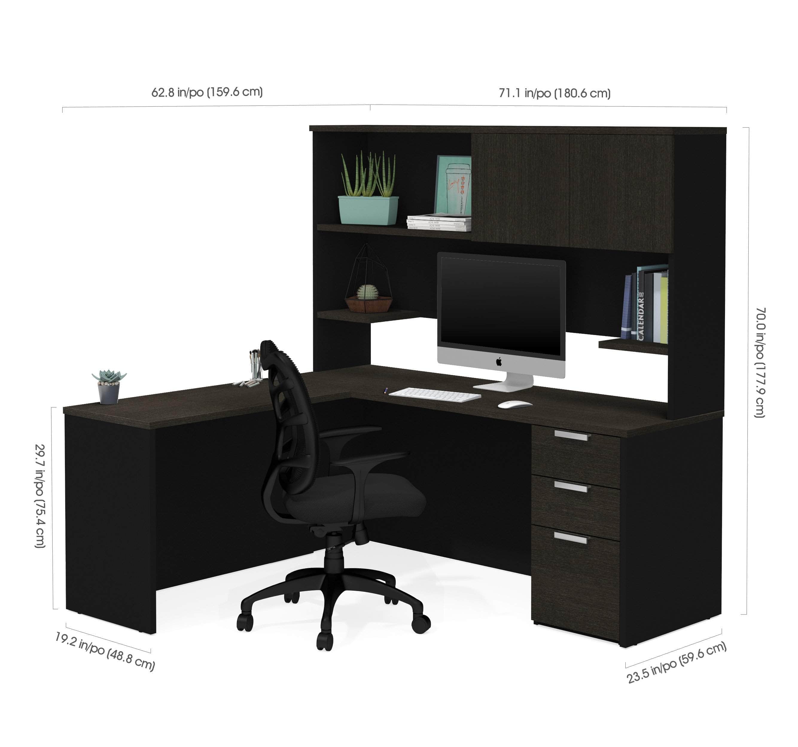 Pro Concept Plus L-Shaped Desk with Pedestal and Hutch - Deep Grey & Black - Home Office Workstation for Computer, Laptop & Study Space
