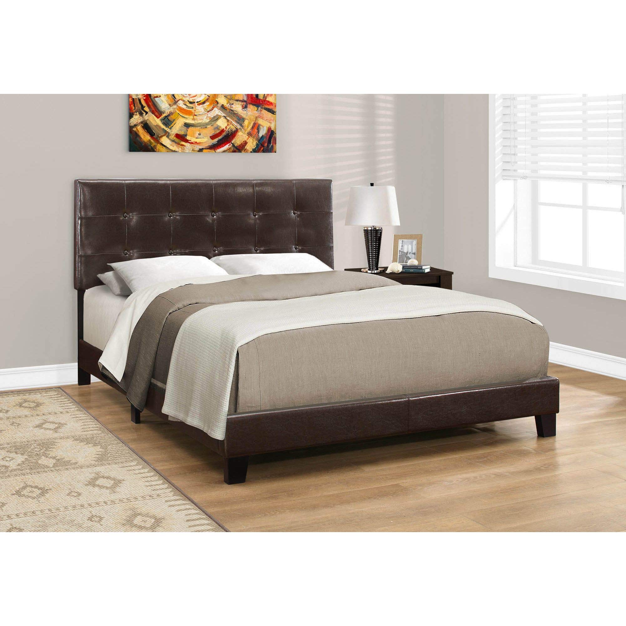 Offex Modern Queen Size Faux Leather Upholstered Bed Frame in Brown - Perfect for Contemporary Bedrooms & Master Suites