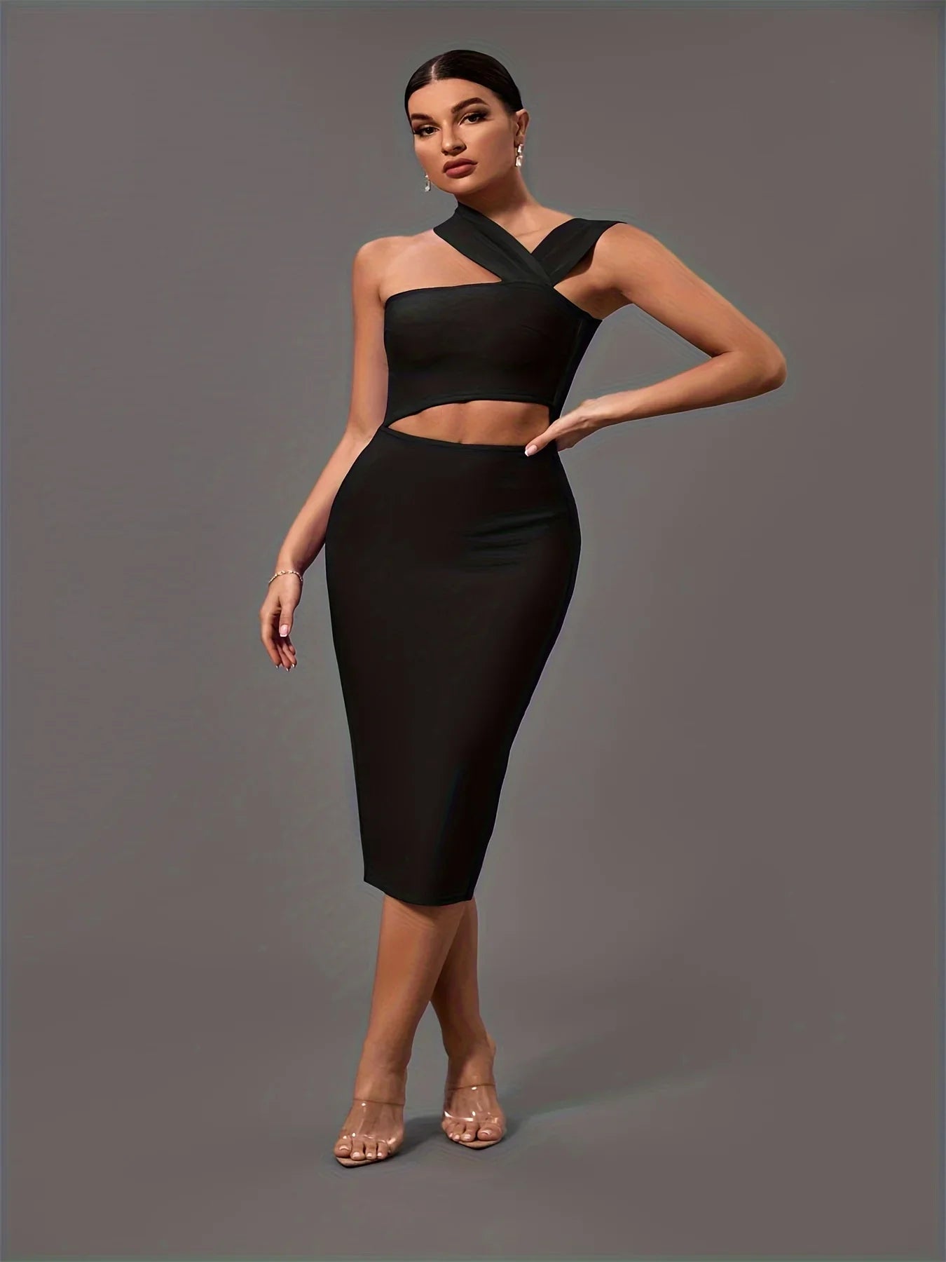 Black Bandage Dress for Women - Elegant Midi Bodycon Party Dress with Halter Neck & Sexy Cut Out Design | Perfect for Birthday, Evening, Club Outfits & Summer Events