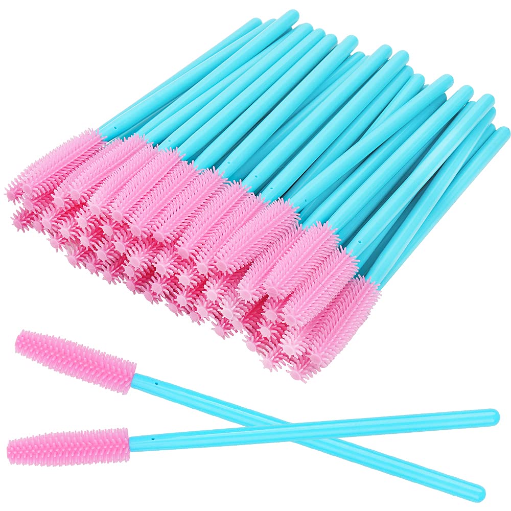 100 Pcs Disposable Silicone Mascara Wands - Blue Handle & Pink Brush Head - Professional Eyelash Extension Applicators, Makeup Tools for Lash Artists & DIY Beauty - Perfect for Salon, Home Use & Travel Kit