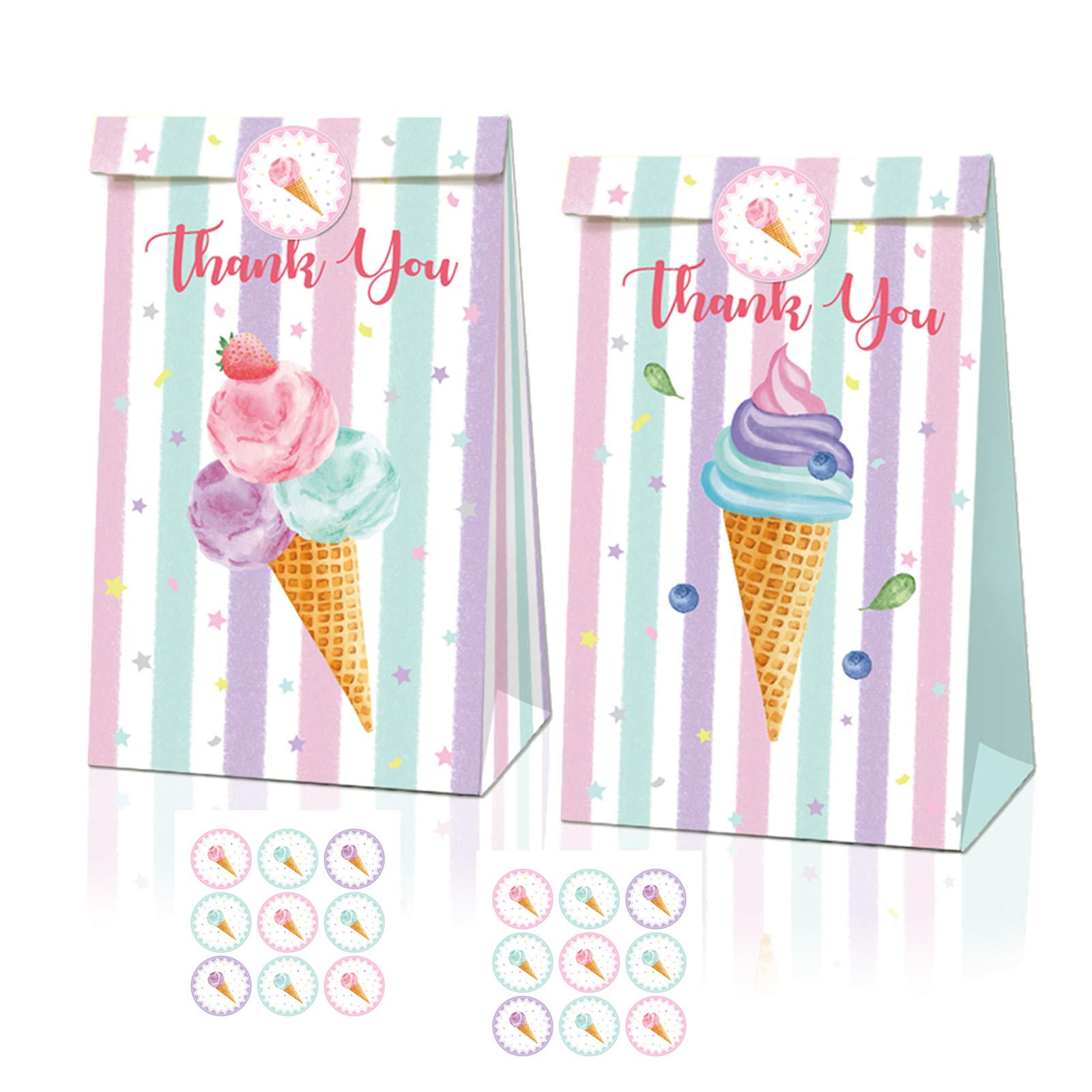 20PCS Ice Cream Theme Party Favor Bags with Stickers - Sweet Treat Goodie Bags for Kids Birthday, Candy & Decoration Supplies | Perfect for Ice Cream Themed Parties, Classroom Rewards & Birthday Favors