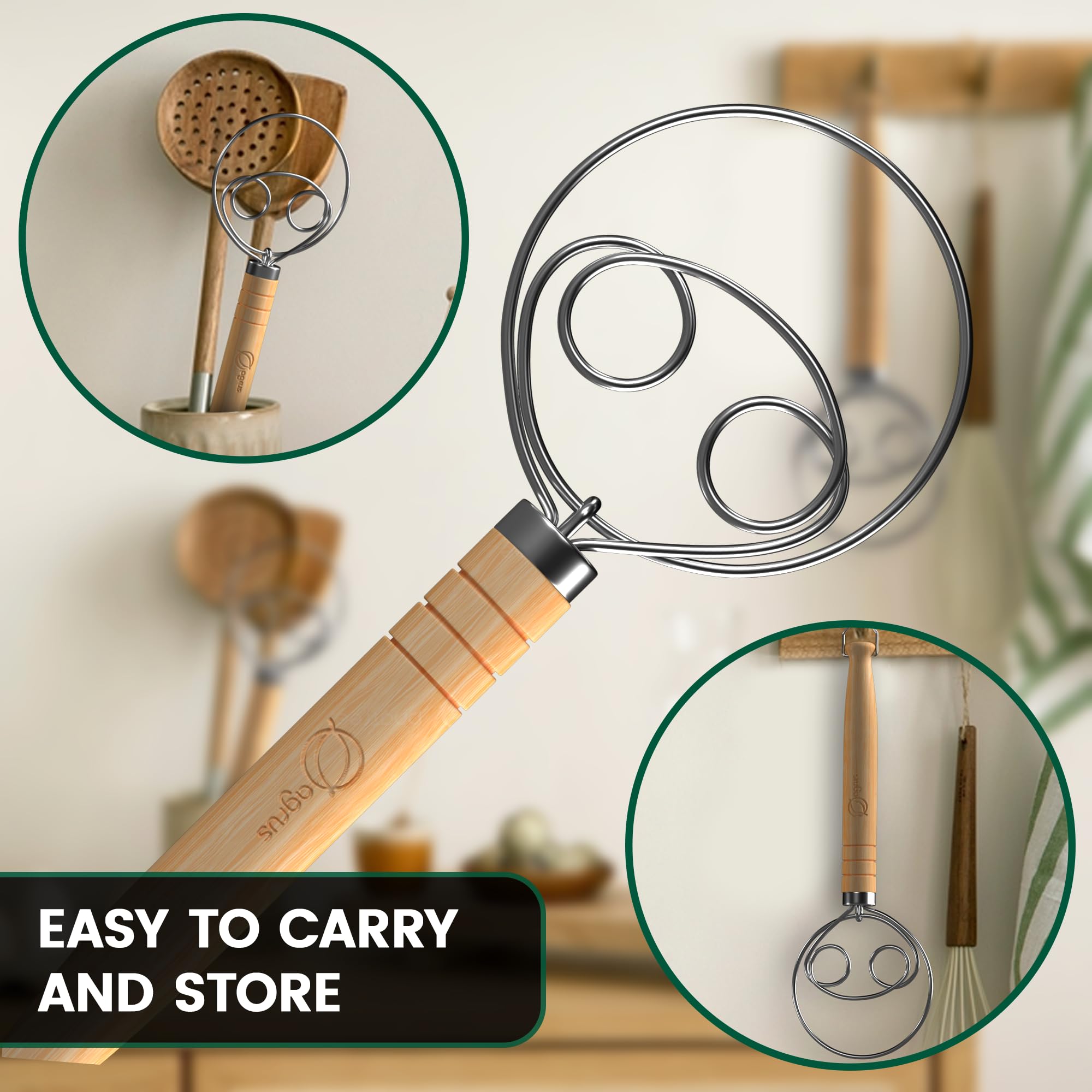 Premium Danish Dough Whisk for Bread Baking - Ergonomic Long Wooden Handle Mixing Tool - Perfect for Homemade Sourdough, Pizza Dough & Pastry Making