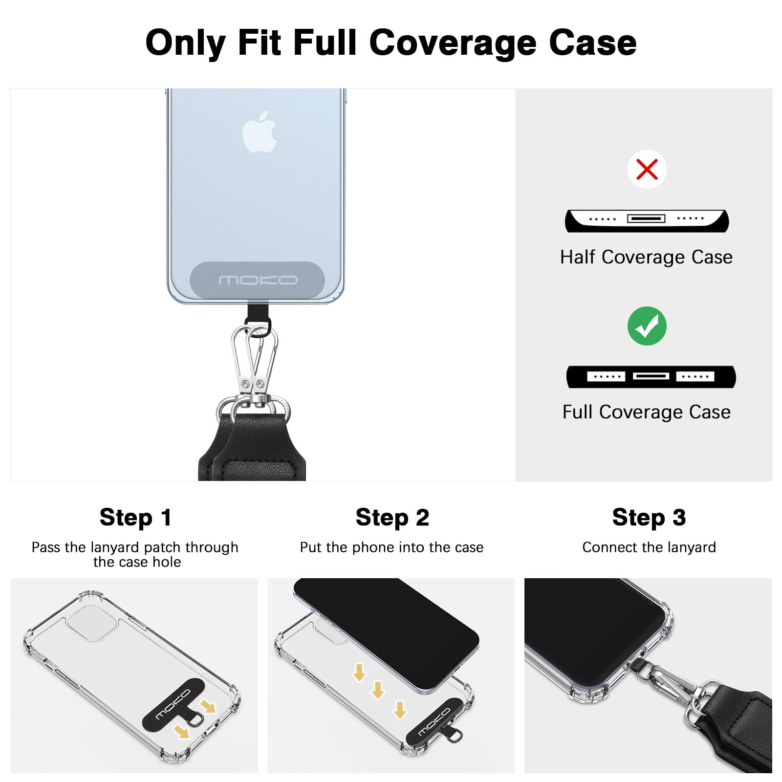 MoKo Adjustable Phone Lanyard with Wallet Pouch - for iPhone & Samsung (Black) - Perfect for Travel & Events