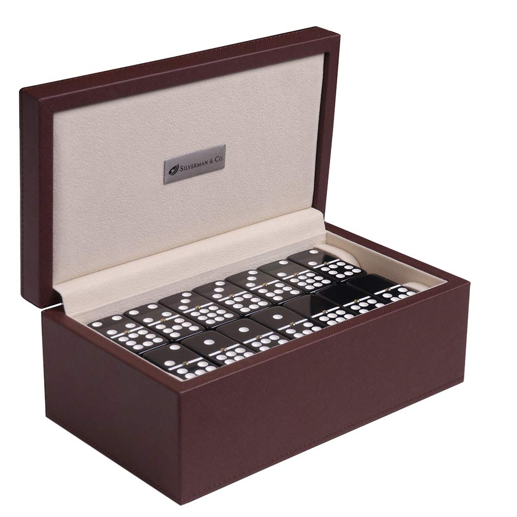 Silverman & Co. Double 9 Large Black Domino Set with Brown Case - Premium Dominoes for Family Game Night, Parties & Casino Style Play