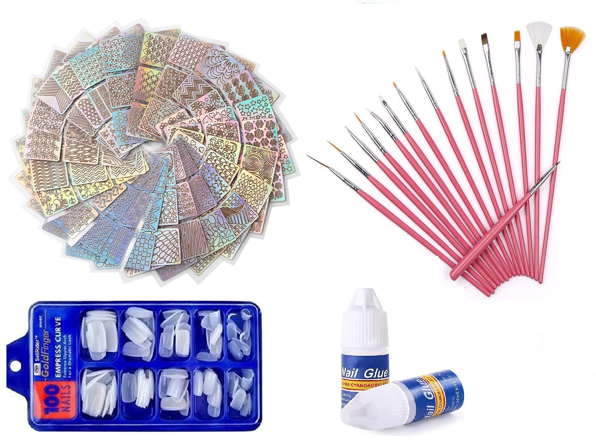 24 Sheets D.B.Z. Nail Vinyl Decals Stickers with 15 Nail Art Brushes & 100 Nail Tips + 2 Nail Glues - Complete Nail Art Kit for DIY Manicure, Salon & Home Use