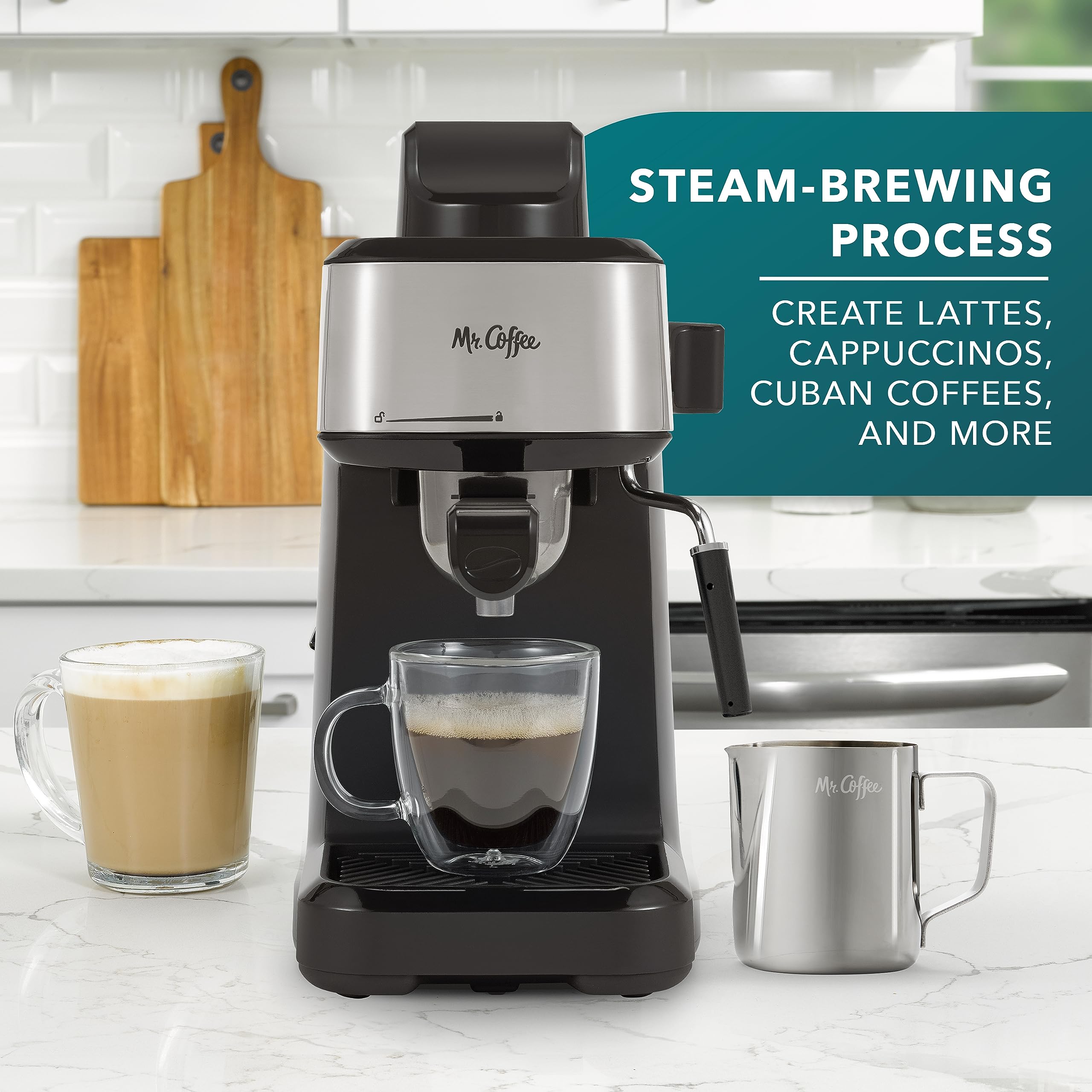 Mr. Coffee® 4-Shot Espresso Machine with Milk Frother - Stainless Steel Steam Espresso Maker for Latte, Cappuccino & Coffee - Perfect for Home Baristas & Coffee Lovers (Office, Kitchen, Breakfast)